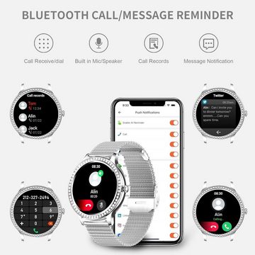 Colesma Smartwatch (1,32 Zoll, Android iOS), it Telefonfunktion Fitness Tracker Schlafen Monitor Diamant Damenuhr