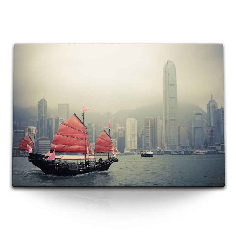 Sinus Art Leinwandbild 120x80cm Wandbild auf Leinwand Hongkong chinesisches Segelschiff Wolke, (1 St)