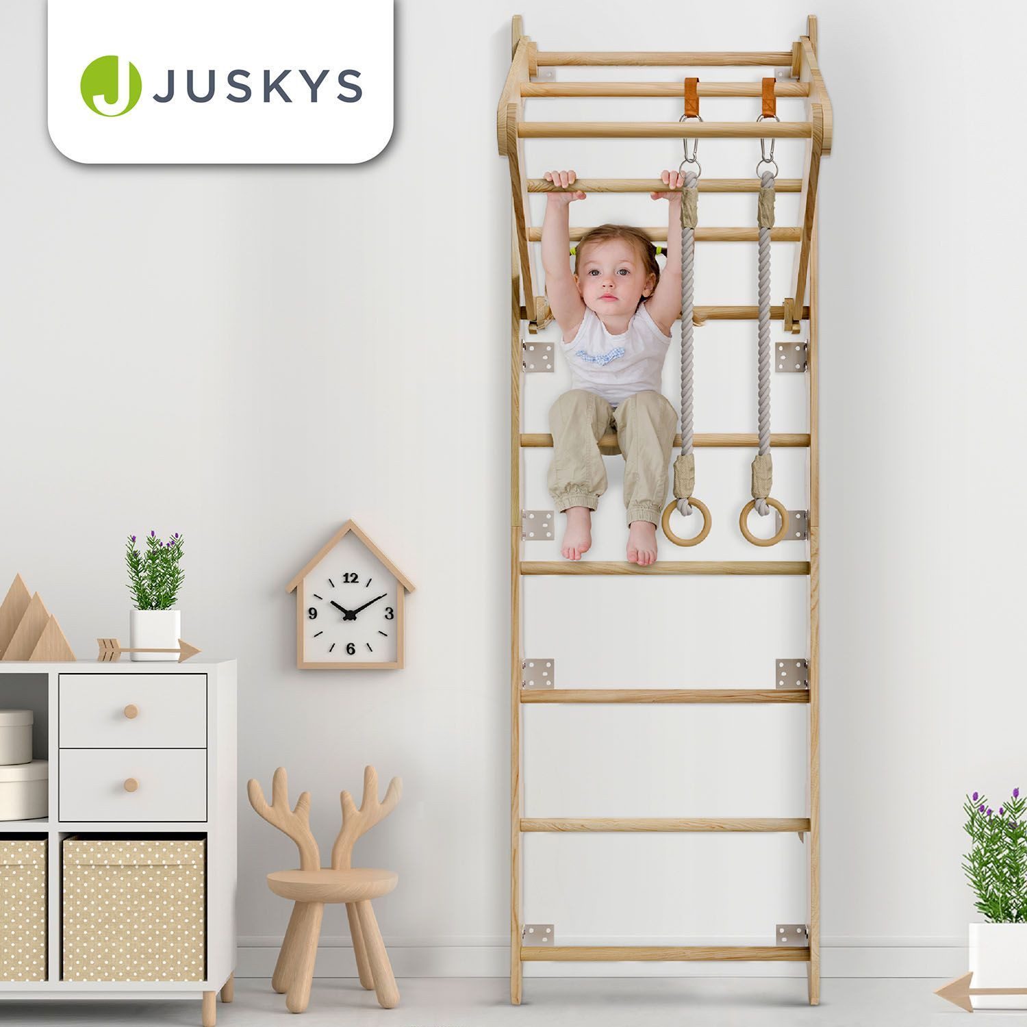 Juskys Sprossenwand, für Kinder, Kletterwand mit Strickseil, Turnringen und Klimmzugstange