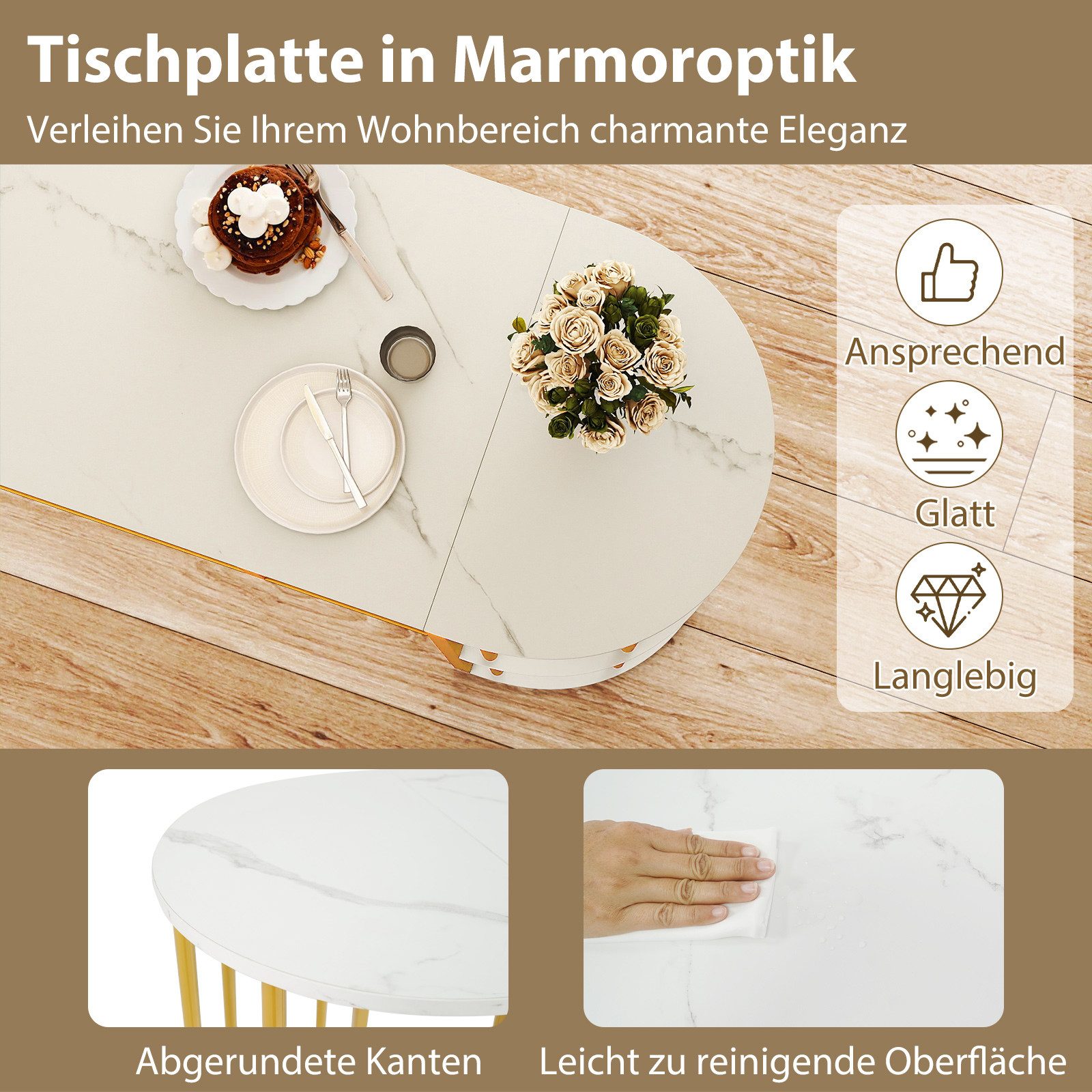COSTWAY Bartisch, Küche mit 4 halbrunde Regale, 150cm Stehtisch Marmor Metall