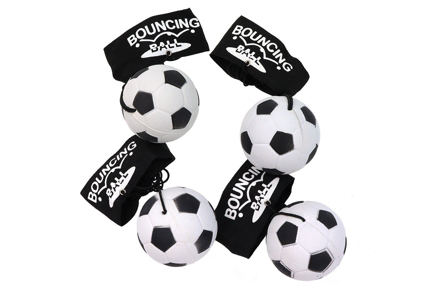 Spielball 4er Set Fußball Springball, Armband & Schnur, Safety Clip, Ø6,3cm