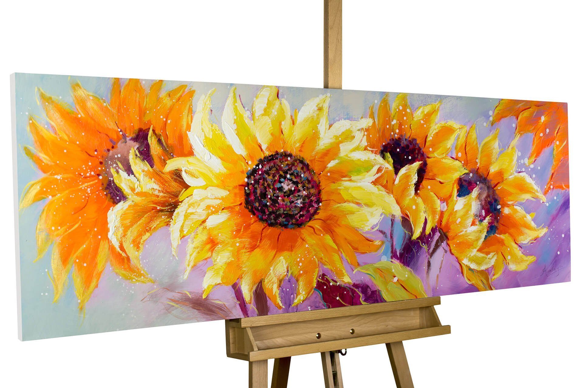 KUNSTLOFT Gemälde 100% HANDGEMALT Wohnzimmer Symphony Sunflowers Wandbild of 150x50 cm, Leinwandbild