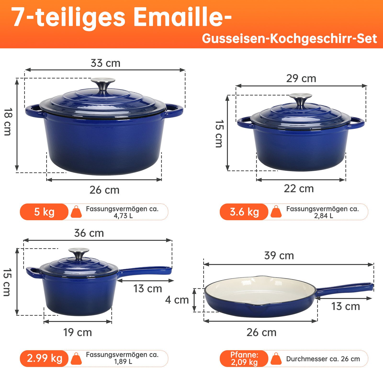 TLGREEN Topf-Set 4‑teiliges emailliertes Gusseisen Topf‑Set, (Ofenfest Kochgeschirr‑Set mit Emaille‑Beschichtung, Induktionsgeeignete Schmortöpfe für Gas‑,Elekt – Bild 2 von 5