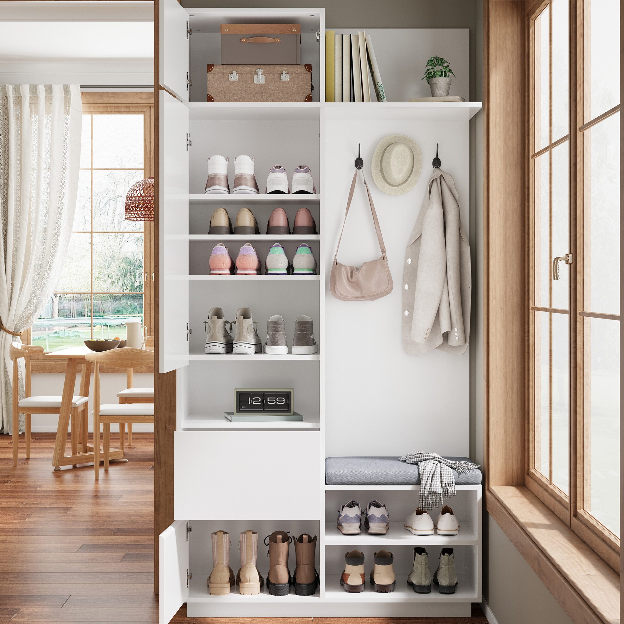 Merax Garderoben-Set 5-in-1 Kompaktgarderobe Scandi Garderobenkombination, (1-St., 90 L × 34,5 B × 190 H (cm), Flurgarderoben Set mit Spiegel Sitzbank Schuhrega – Bild 4 von 5