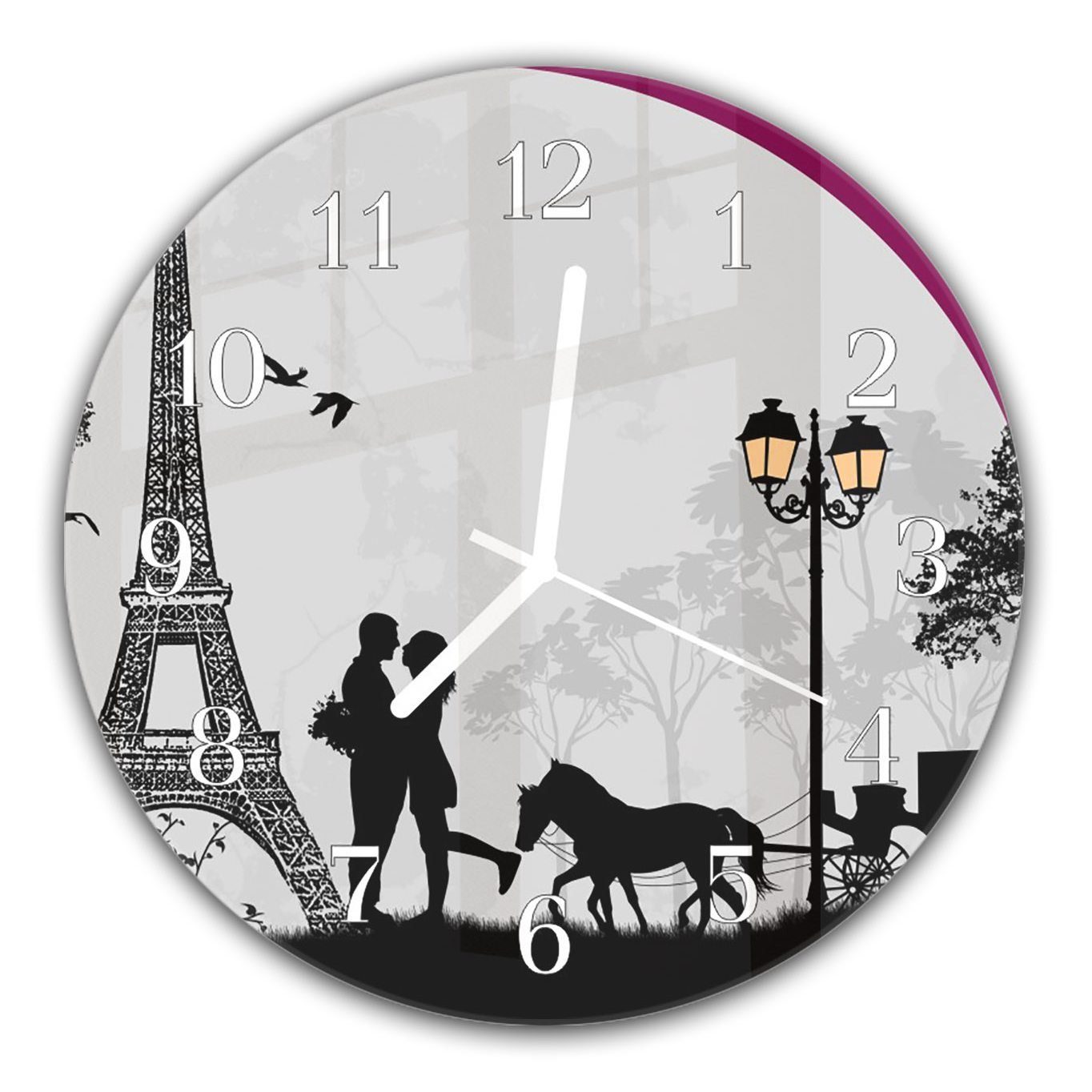 mit cm in Glas und - Primedeco Kutsche und Durchmesser Paris aus Liebespaar Motiv Rund Wanduhr Quarzuhrwerk mit 30 Wanduhr