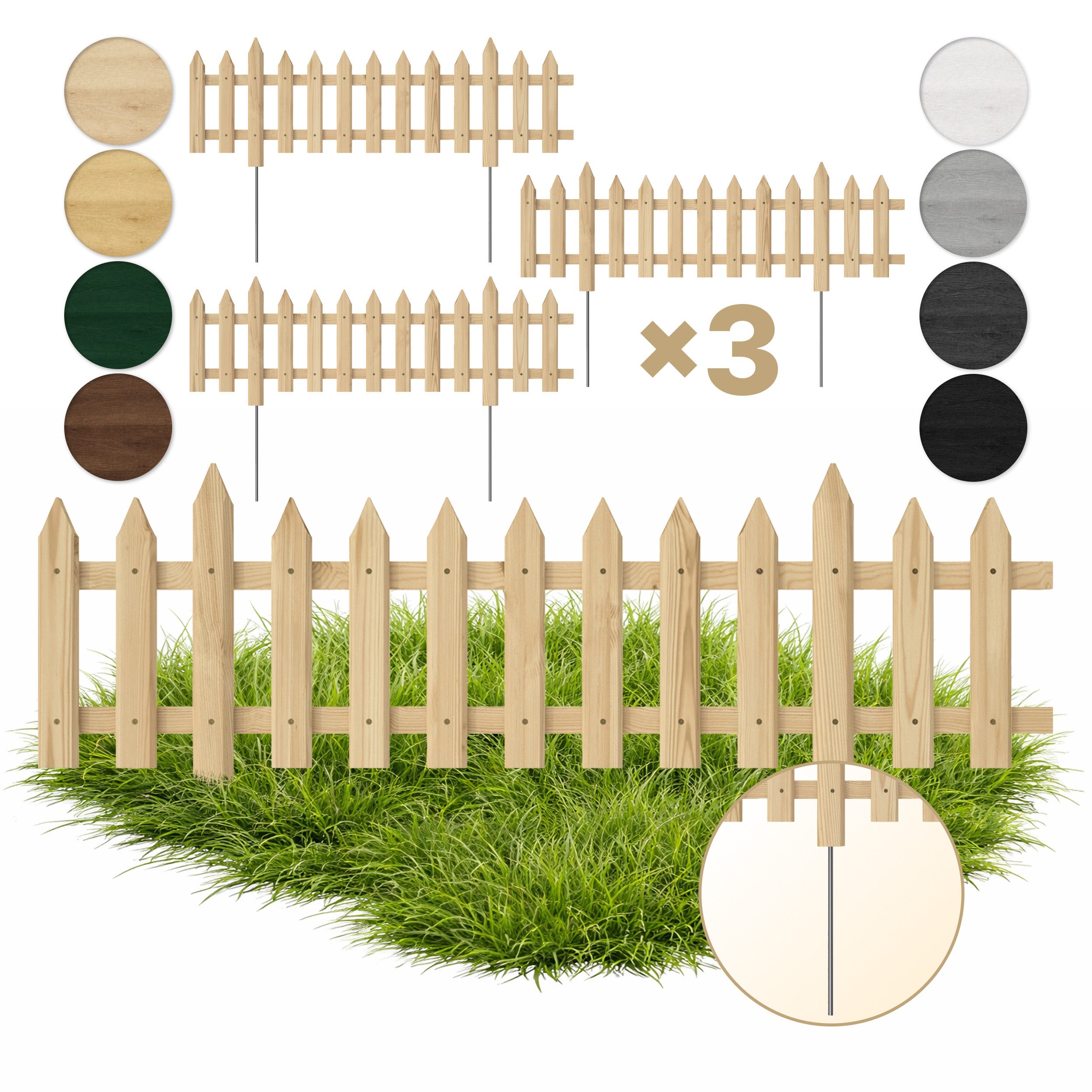 Floranica Zierzaun Vorgartenzaun Steckzaun Gartenzaun Zierzaun Lattenzaun Friesenzaun, (20 x 100 cm, 3-St., Unbehandelt), Blummen Beeten Zaun aus Holz mit Metalpfosten, Beetabgrenzung
