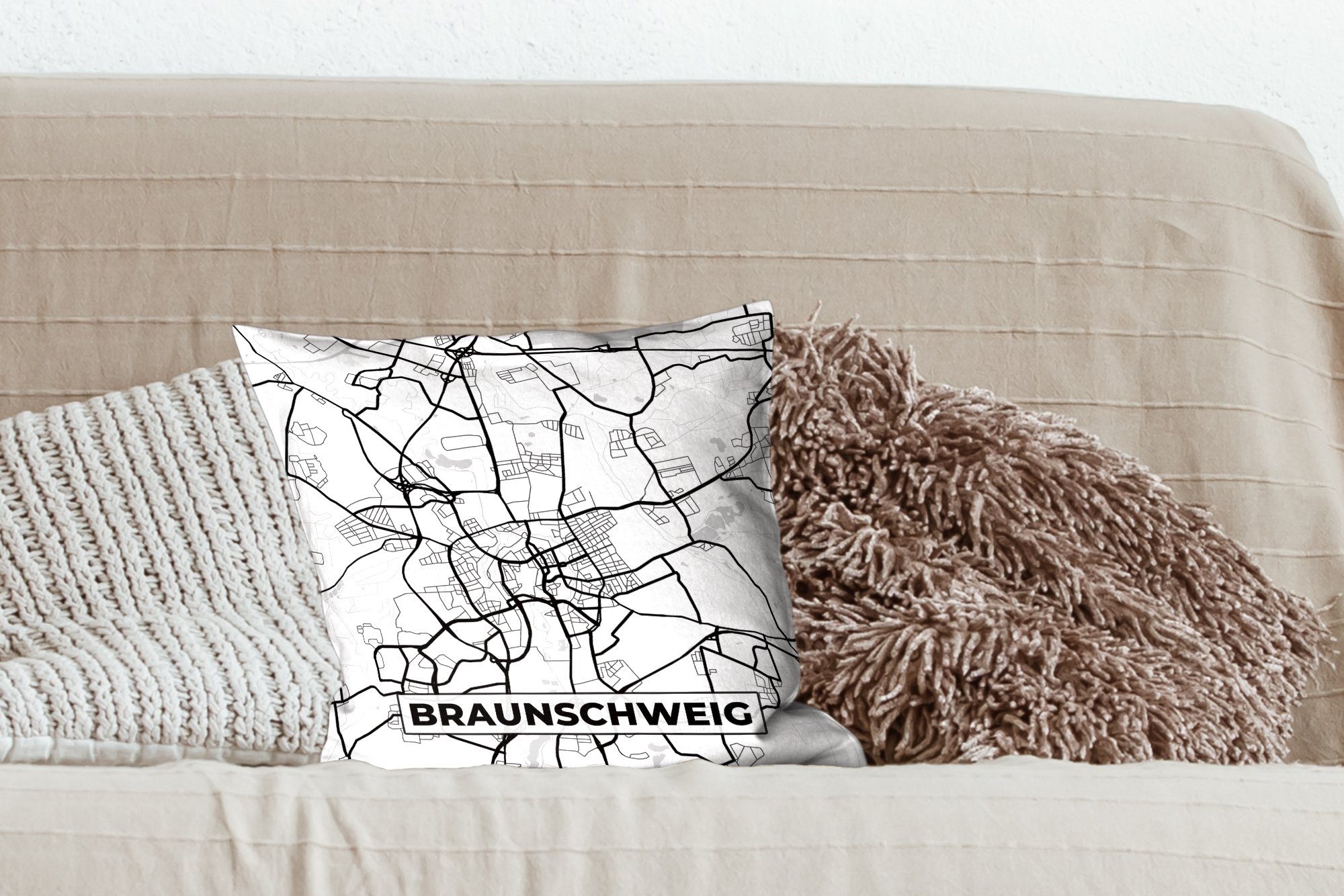 MuchoWow Deko, Dekokissen - mit für Schlafzimmer, Stadtplan Braunschweig Wohzimmer, Karte, Füllung Sofakissen Zierkissen -