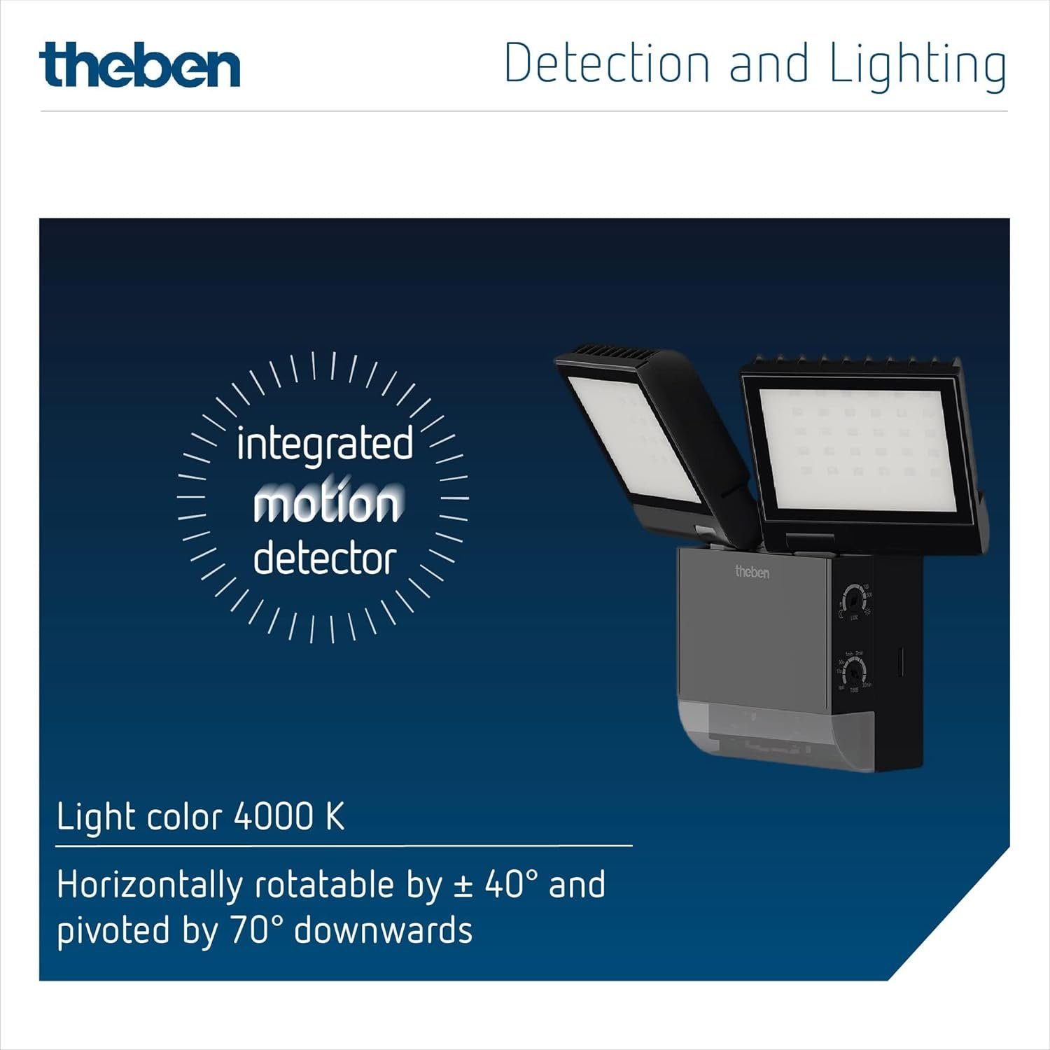 theben LED Wandstrahler LED-Wandleuchte theLeda S17-100 BK 1020803, horizontal um ± 20/45° drehbar / 70° nach unten schwenkbar, 180° Erfassung, 10 m Reichweite, LED fest eingebaut, neutralweiß, außen, integrierter Bewegungsmelder, 17 W, schwarz