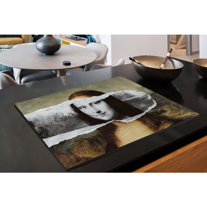 MuchoWow Herdblende-/Abdeckplatte Mona Lisa - Schwarz und weiß - Da Vinci Vinyl (1 tlg) Ceranfeldabdeckung für die küche Induktionsmatte VQ12498