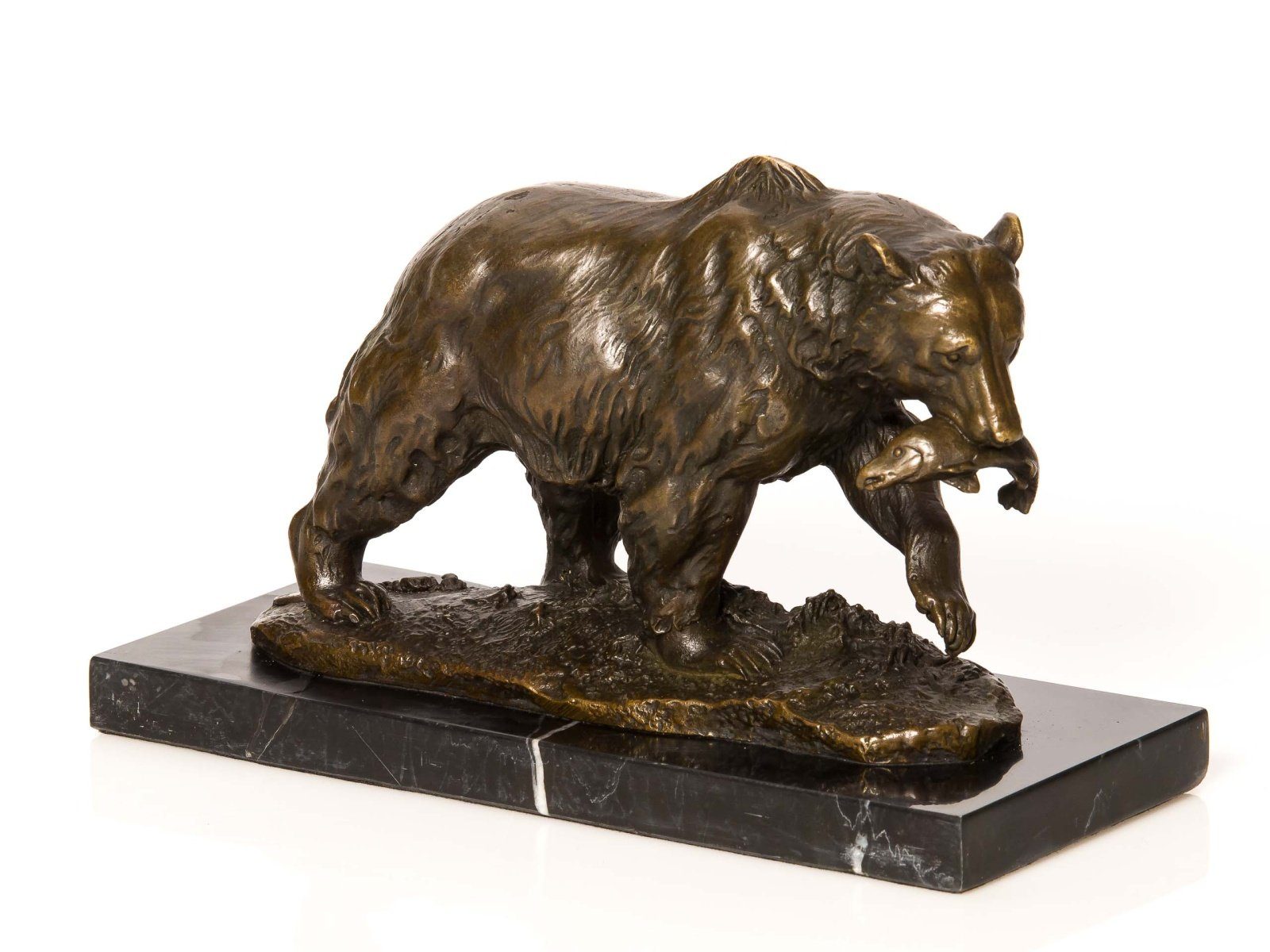 Dekoobjekt Bronzeskulptur Grizzly Bär Fisch Bronze Bronzefigur Skulptur Antik-Sti