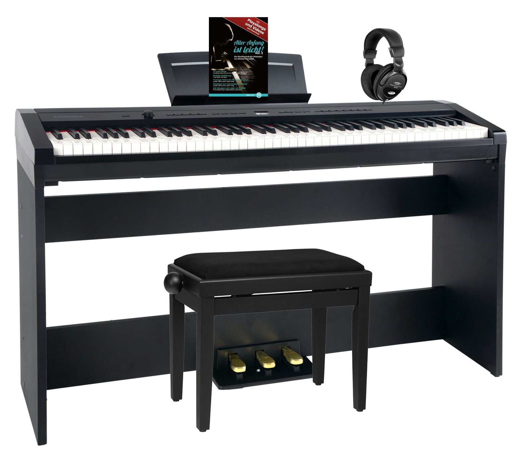 Steinmayer Stagepiano P-60 Stagepiano 88 Tasten (Home-Set, inkl. Unterbau, Kopfhörer, Pianobank, & Schule), Hammermechanik, 128-fach polyphon, Aufnahme- & Begleitfunktion