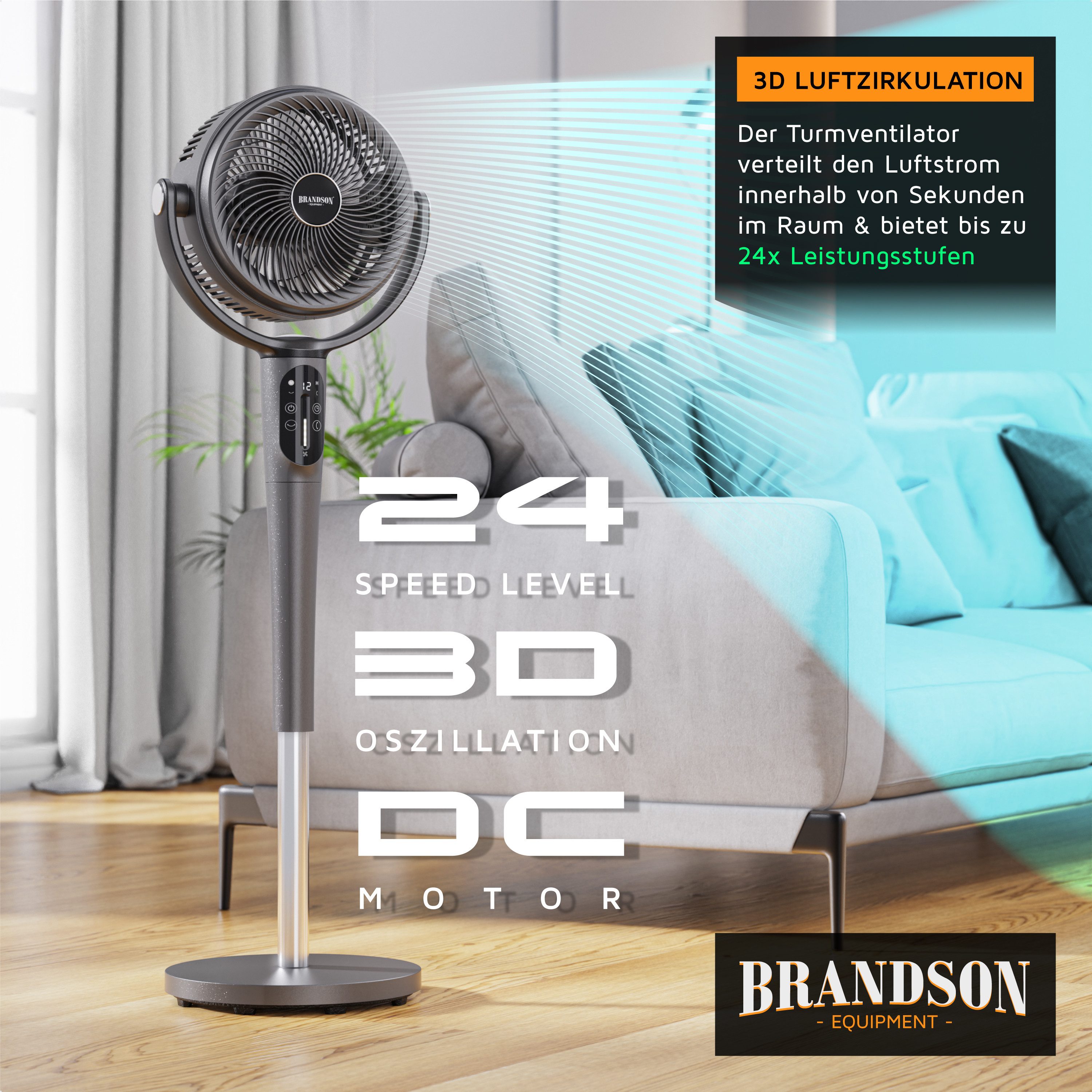 Brandson Standventilator mit Fernbedienung, leise, DC, 60% Energieersparnis, 3D Oszillation, 21.5 cm Durchmesser, Preisträger 2025, Nachtlicht, Timer, 24 Stufen, 88,5 - 109,5 cm