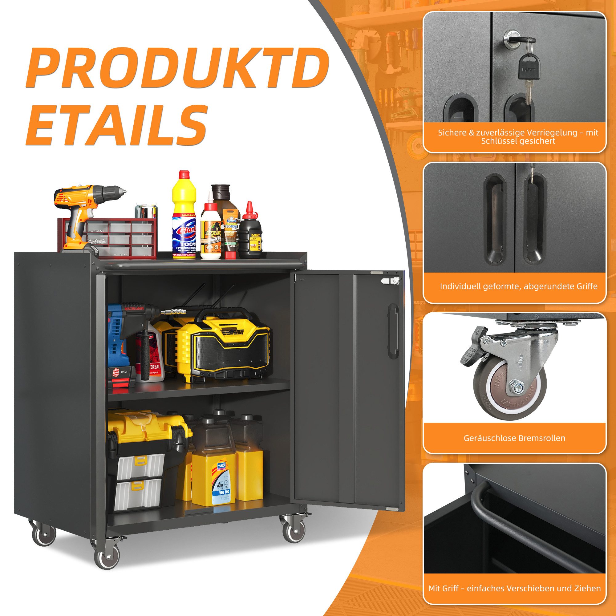 Odikalo Werkzeugschrank Heavy-Duty Metall-Gartenschrank mit Rollen Werkzeug-Stauraum 75×42×88