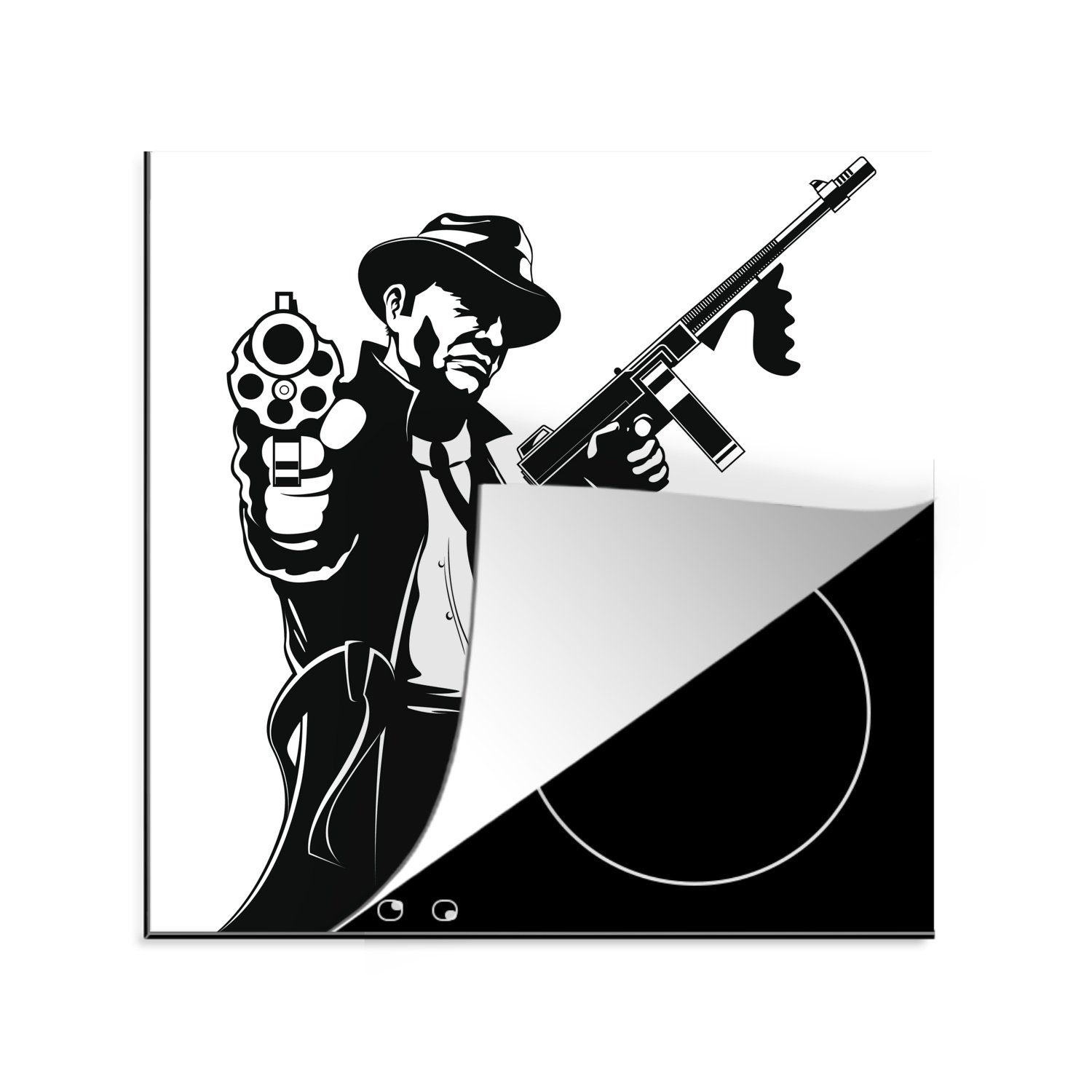MuchoWow Herdblende-/Abdeckplatte Illustration küche Mafia-Mitglieds zwei cm, in tlg), schwarz-weiß, Ceranfeldabdeckung, mit Waffen Arbeitsplatte eines Vinyl, (1 78x78 für