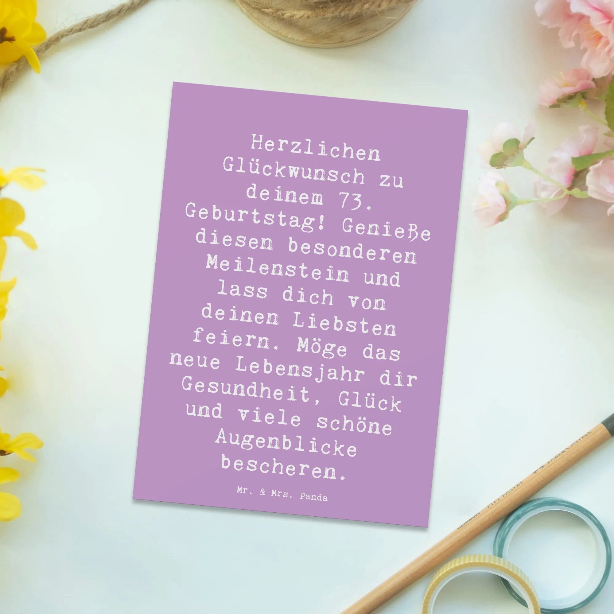 Thumbnail - Mr. & Mrs. Panda Postkarte Spruch 73. Geburtstag Meilenstein - Lavendeltraum - Geschenk, Glück, Glänzende Vorderseite