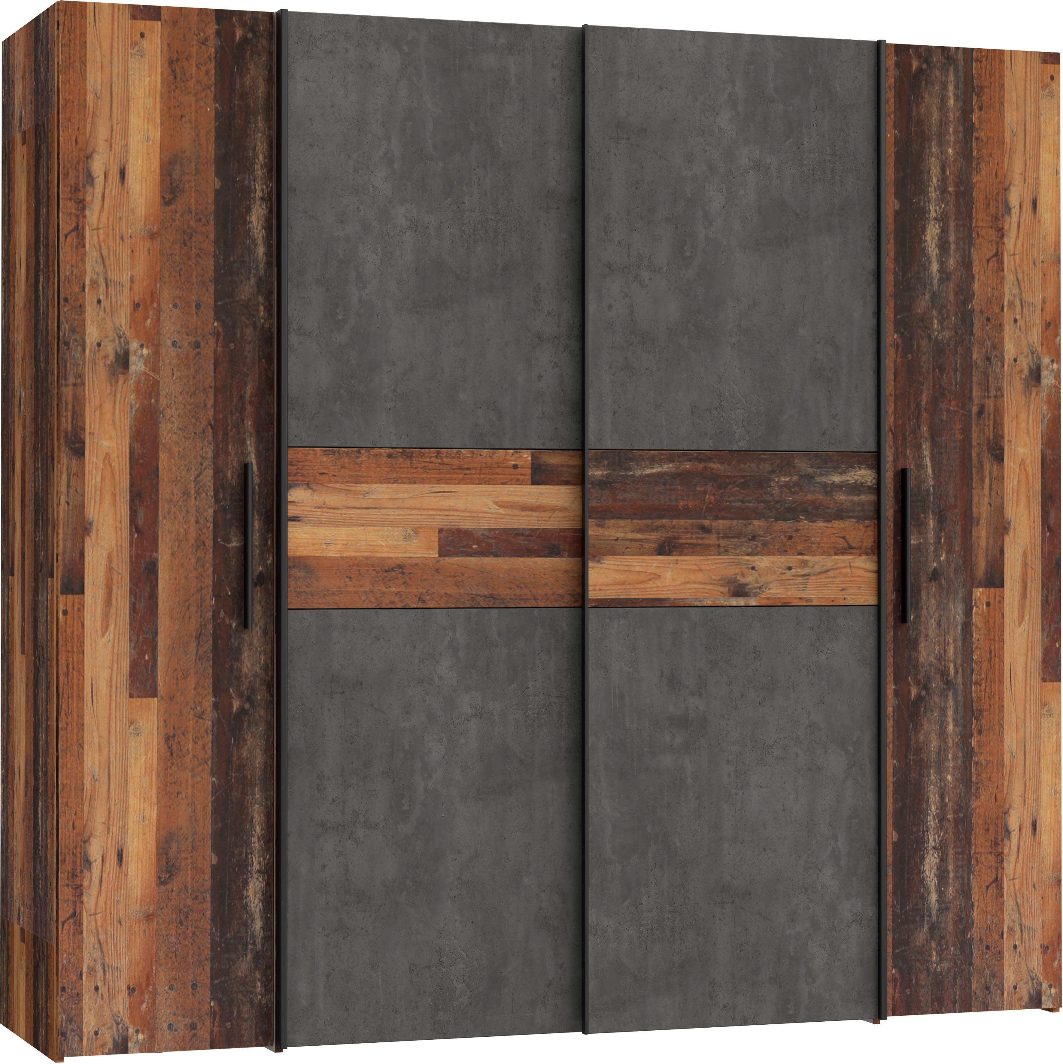 FORTE Kleiderschrank Kalixtus Kombination aus Old-Wood Dreh- / Schwebetüren, Einlegeböden Old-Wood | Vintage Dunkelgrau Vintage Betontopik 8 und