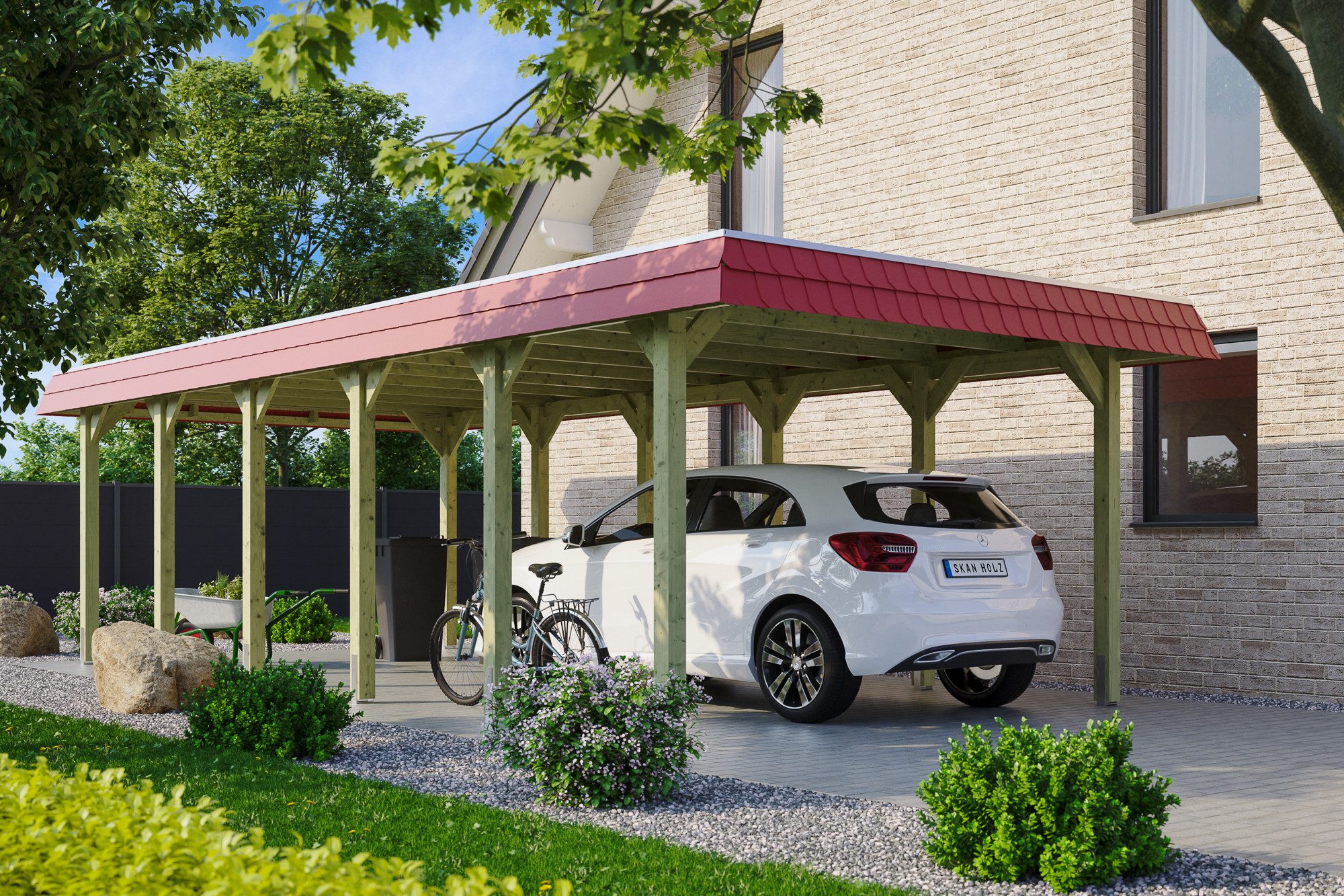 Thumbnail - Skanholz Einzelcarport Spreewald, BxT: 396x893 cm, 209 cm Einfahrtshöhe, mit EPDM-Dach, rote Blende