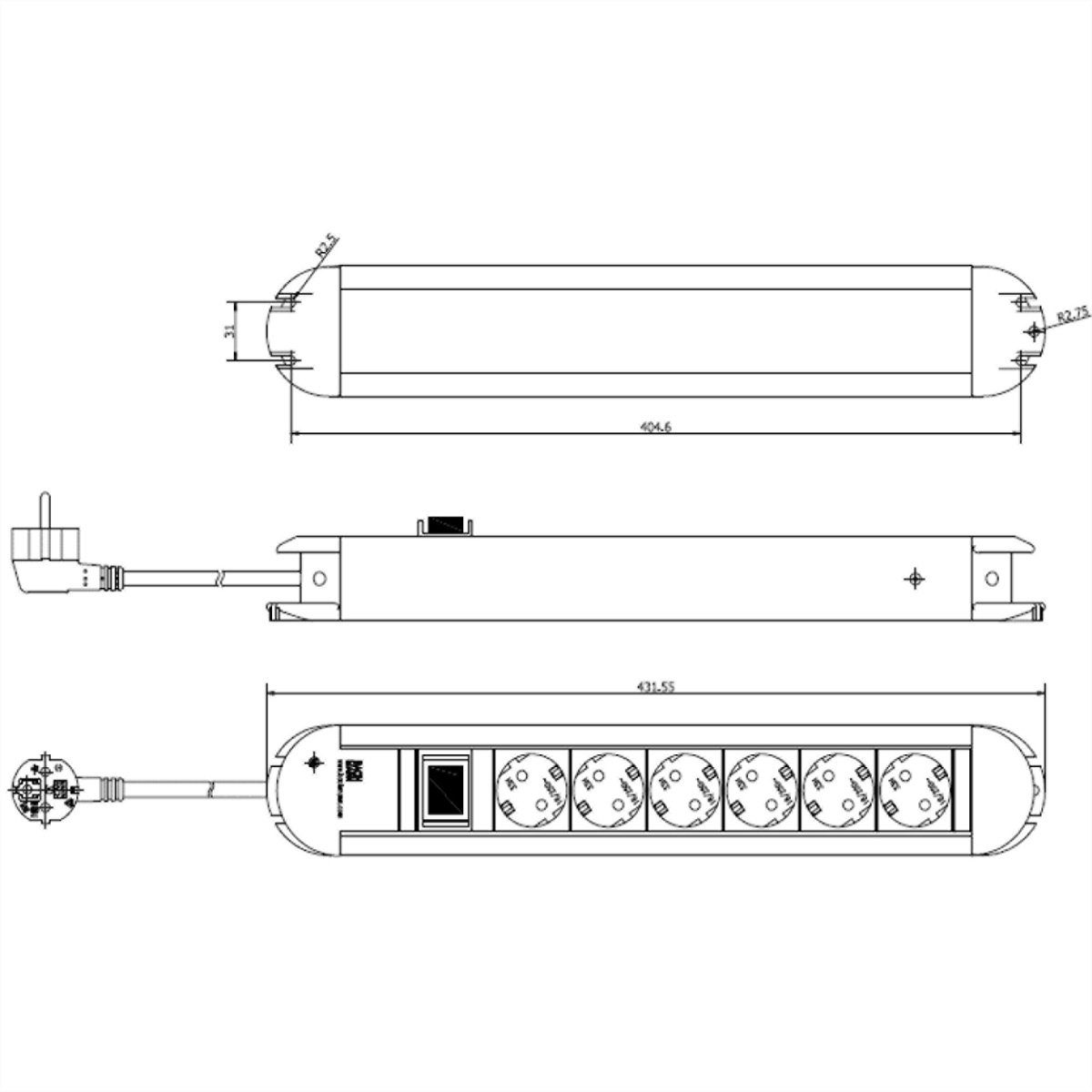 Schutzkontakt, 1.75 Steckdosenleiste Schalter Bachmann (Kabellänge 6x mit Steckdosenleiste Aluminium, PRIMO m)