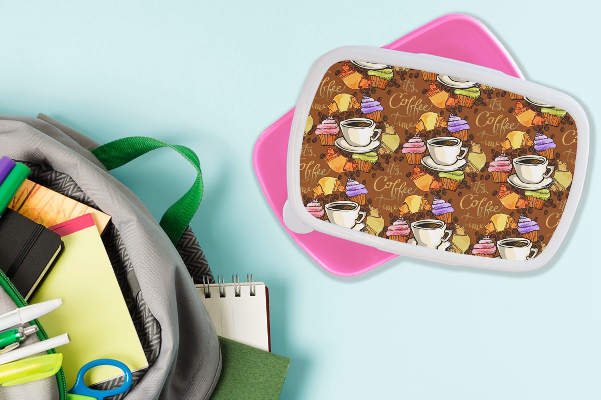 - (2-tlg), Erwachsene, MuchoWow Brotdose rosa Frühstück, für Kunststoff Kinder, Kunststoff, - Croissant Lunchbox Snackbox, Brotbox Mädchen, Kaffee