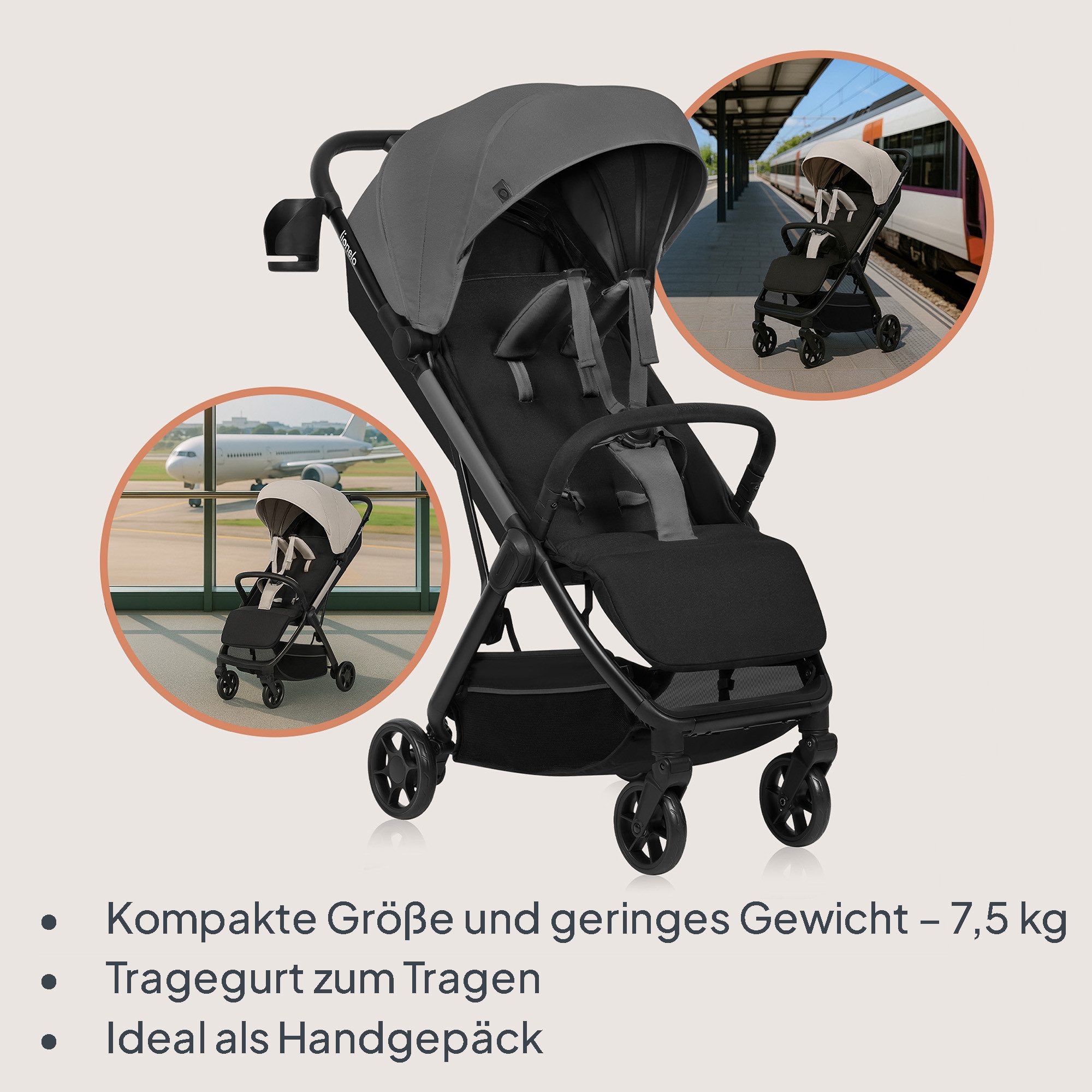lionelo Kinder-Buggy JULIE AIR, (Set mit Becherhalter und Tragegurt für den Transport auf der Schulter), Auto-folding/Ultraleicht/UPF50+/Liegeposition/360°Rader