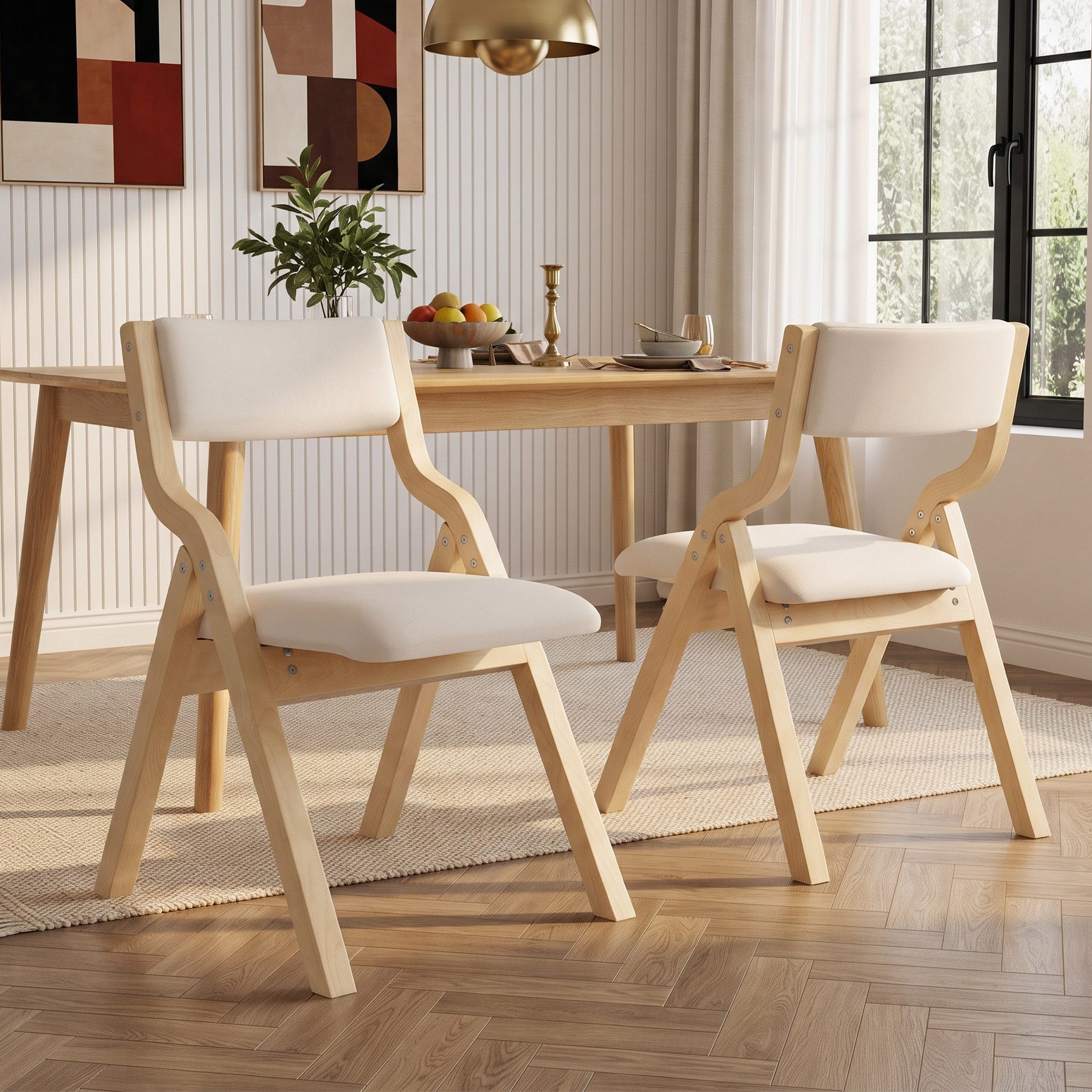 Flieks Esszimmerstuhl klappbare Polsterstühle, Beine aus Massivholz, Bezug aus Leinen (faltbar und verstaubar, Set, 2 St), 2er Set Küchenstuhl Wohnzimmerstuhl Eichenfarbe & Beige