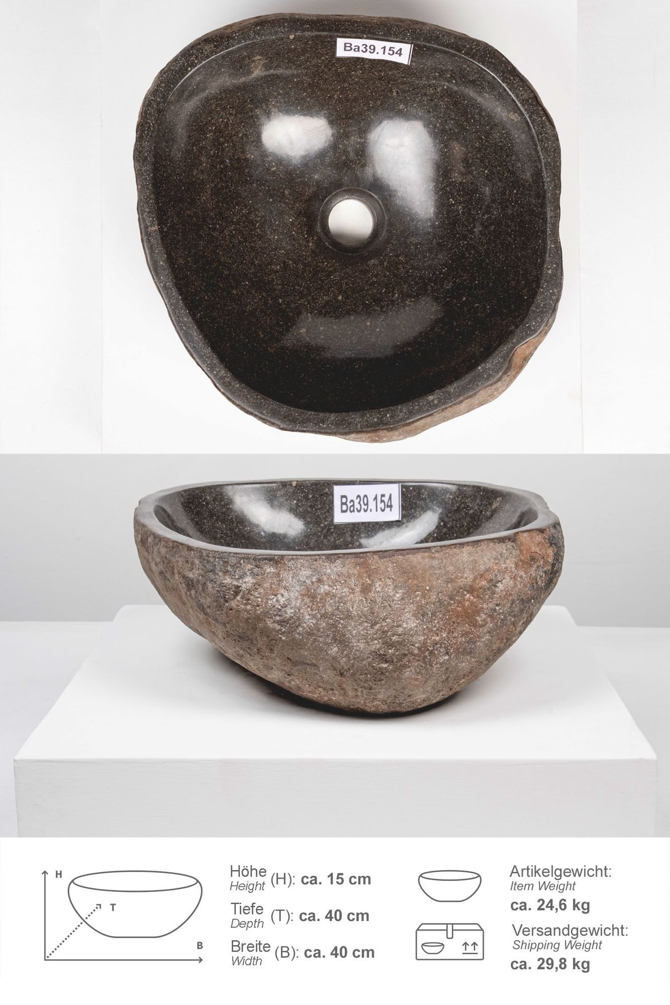 wohnfreuden Aufsatzwaschbecken Naturstein Waschbecken 40 cm (Kein Set), 210_Ba39.154