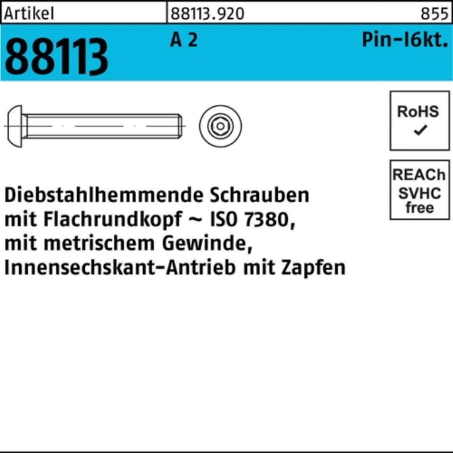 Reyher Schraube 100er Pack Schraube R 88113 diebstahlh. Innen-6kt Zapfen M10x 20 A 2 1