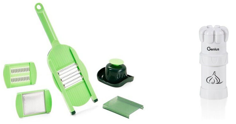 Genius Gemüse-Scheibenschneider Nicer Dicer Speed Light inkl. Knoblauch-Schneider G5, Set 7-tlg., (Spar-Set, 7-tlg), super handlich & immer im Einsatz, wechselbare Aufsätze