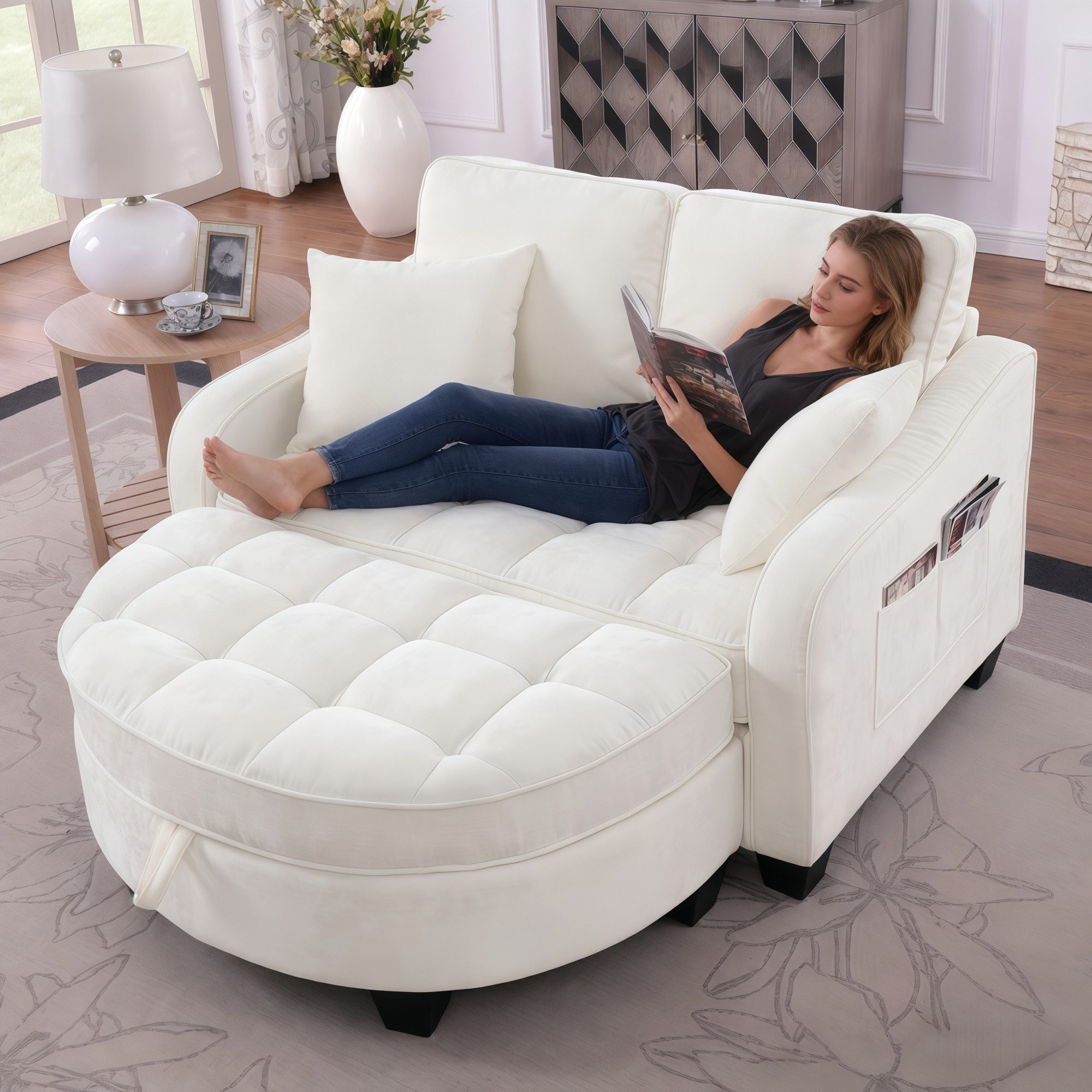 STILVORA Schlafsofa mit Aufbewahrungs-Hocker,Modulares Sofa Relaxsofa aus Chenille