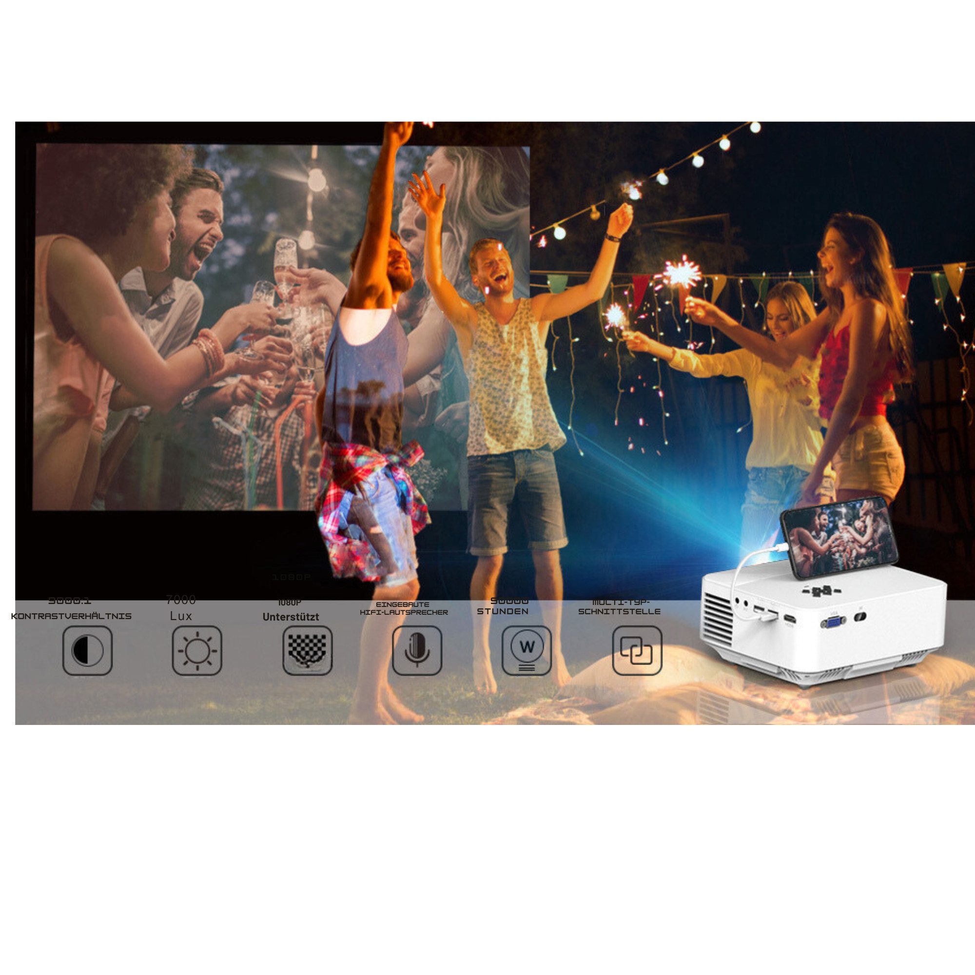 Vivitar Mini Beamer mit Screen Mirroring, 7000 Lumen Heimkino FULL HD LED-Beamer (7000 lm, 1080P px, 1080P Video Beamer mit 240" Display, 90000 Stunden LCD)