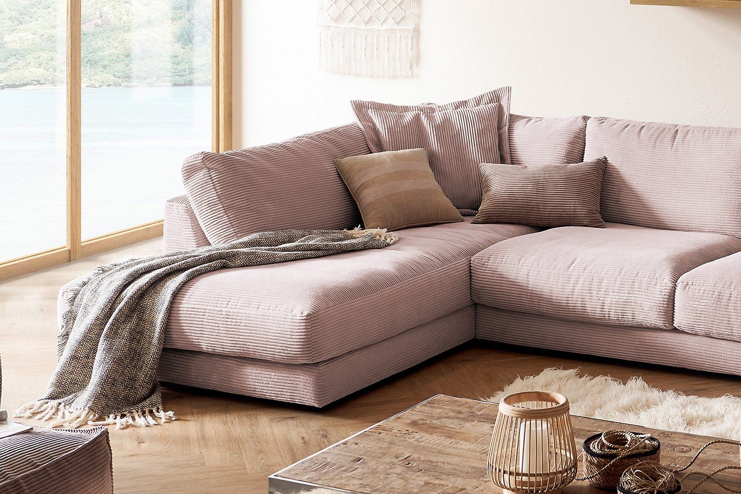 KAWOLA Wohnlandschaft MADELINE, Sofa U-Form od. Cord, links, Longchair versch. rosa rechts Farben