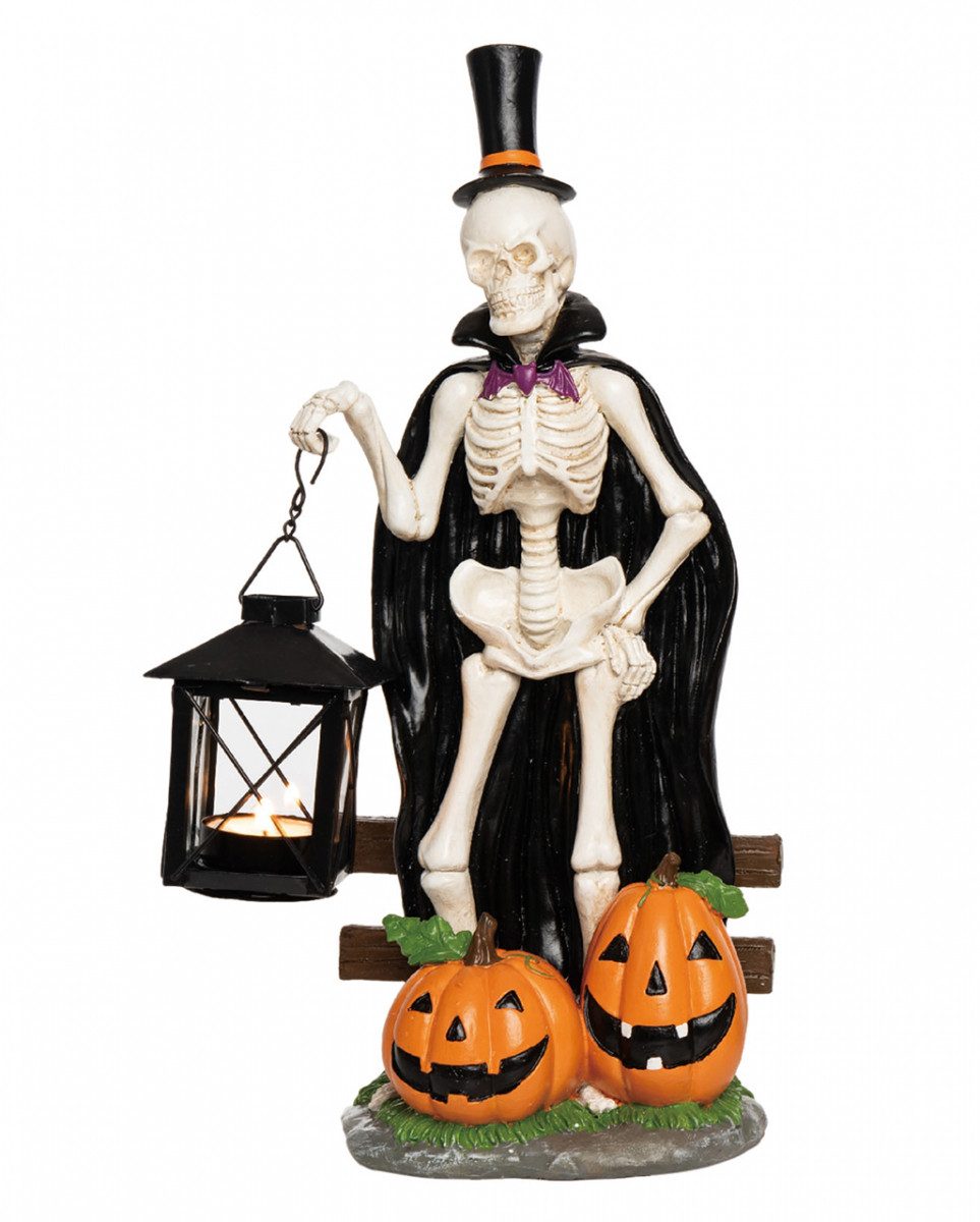 Dekofigur Spooky Teelichthalter Skelett mit Laterne auf Wand