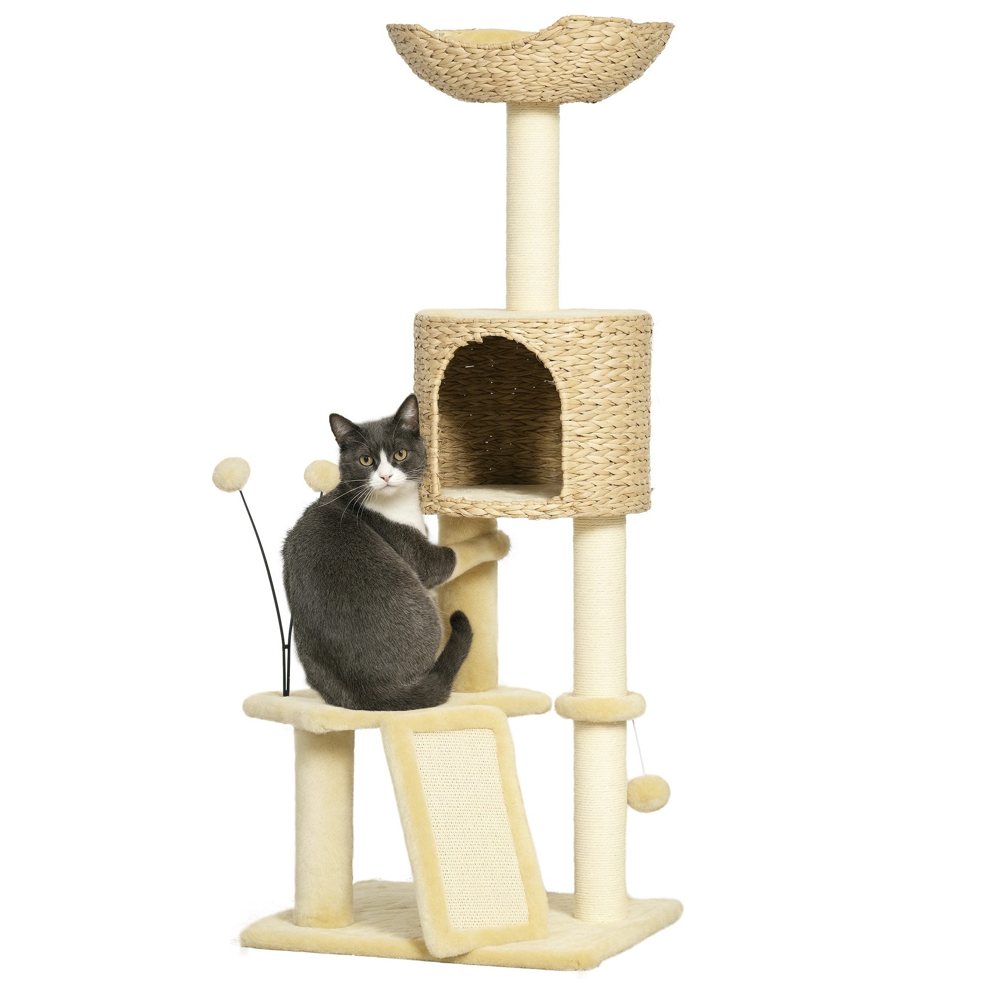 PawHut Kratzbaum Kratzstamm, Katzenkratzbaum mit Katzenbett, einem Ball, für Wohnzimmer, Beige