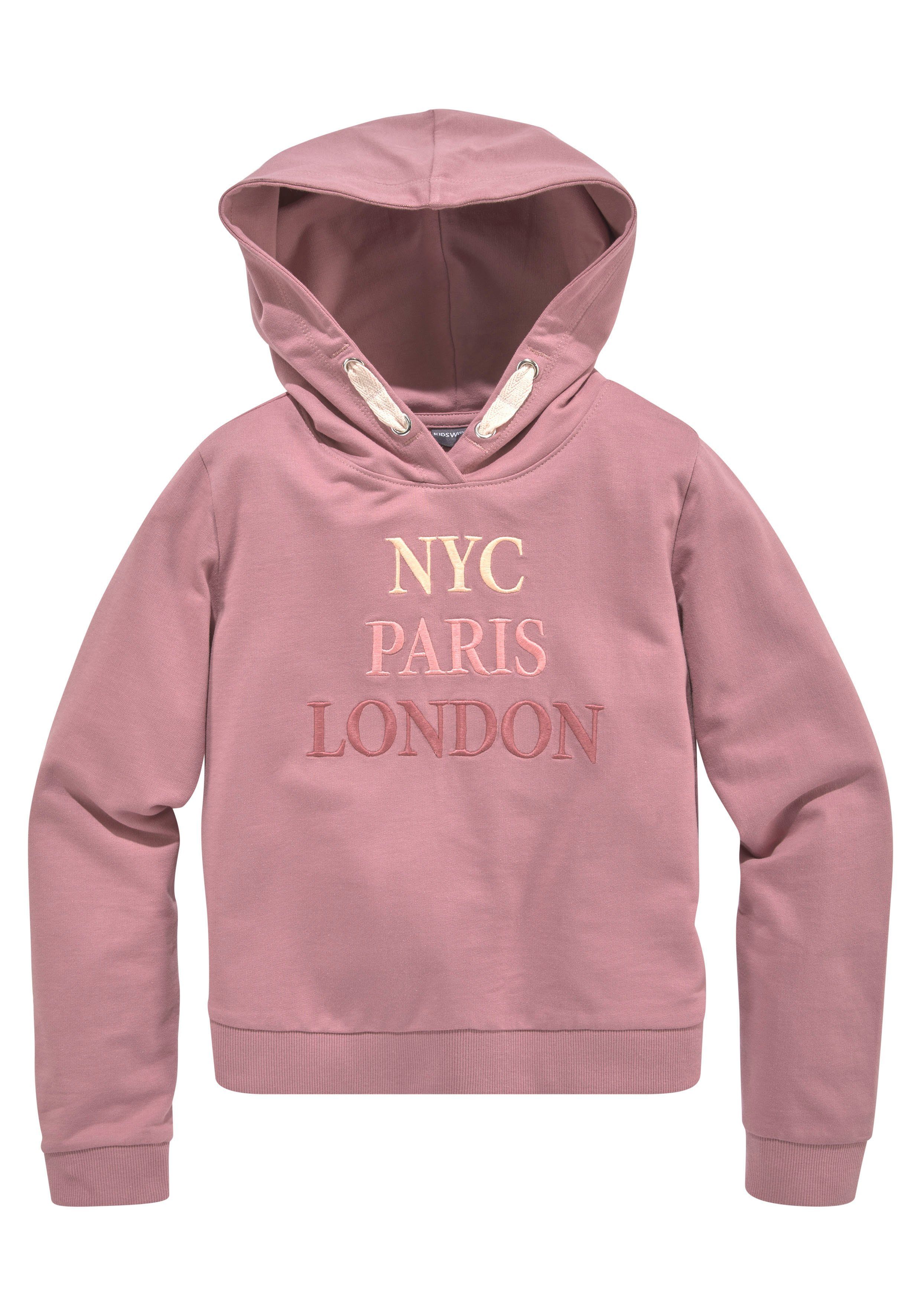 KIDSWORLD Kapuzensweatshirt NYC Paris London - Stickerei Langarm, gerade Passform, bedruckt, Kapuze, aus Baumwolle. Reduzierter Preis € 18,89. Unverbindliche Preisempfehlung € 26,99