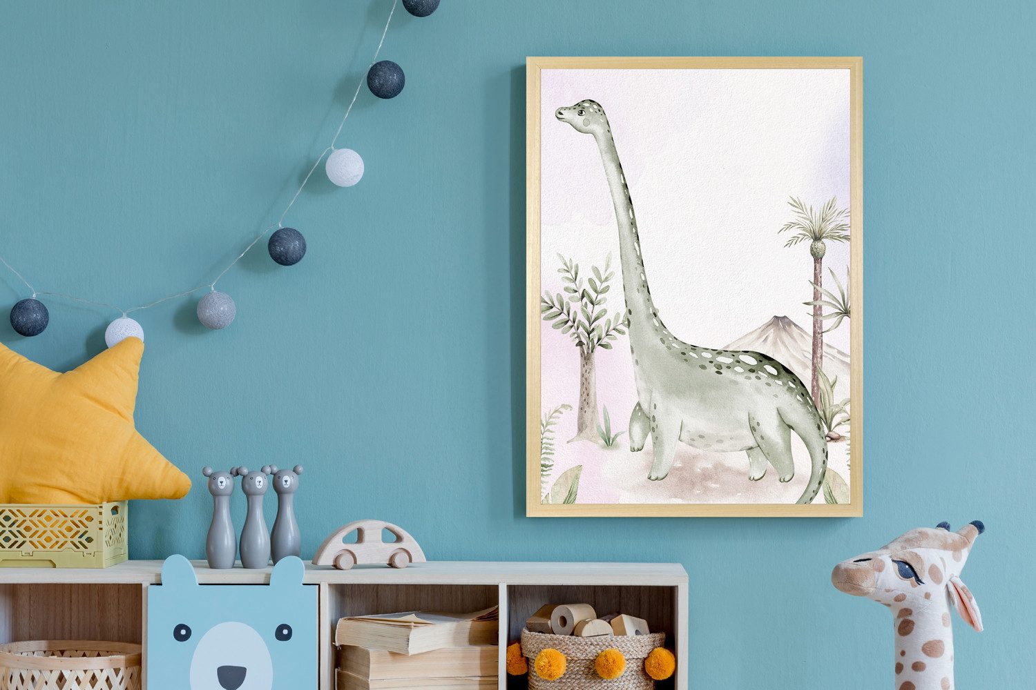 Bild mit Rahmen Dino und Vulkan