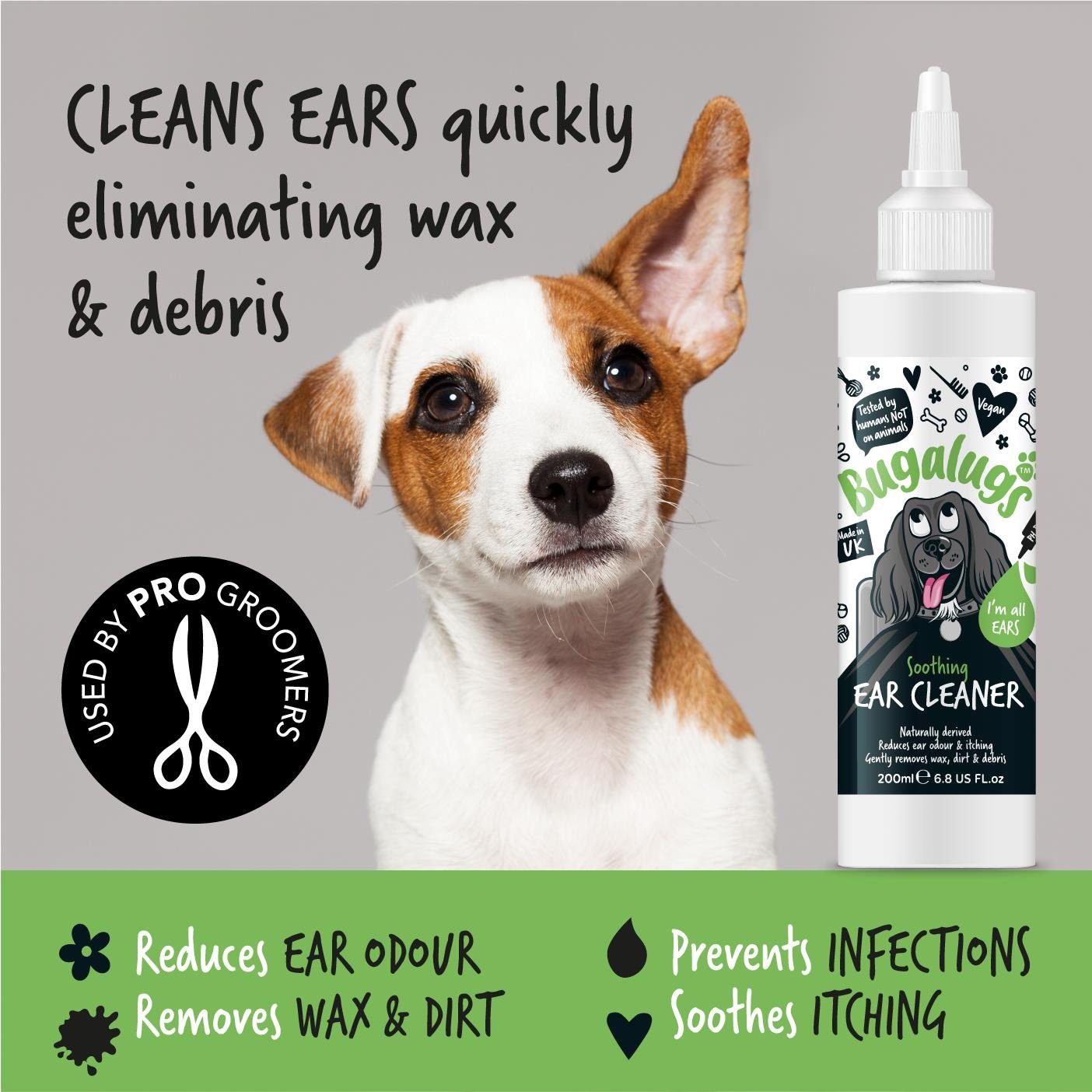 Bugalugs Fellpflege Bugalugs Hunde Ohrreiniger Ear Cleaner beruhigend, 200 ml, (1-St), Ohrpflege, für alle Haustiere, Erste Hilfe für Haustiere