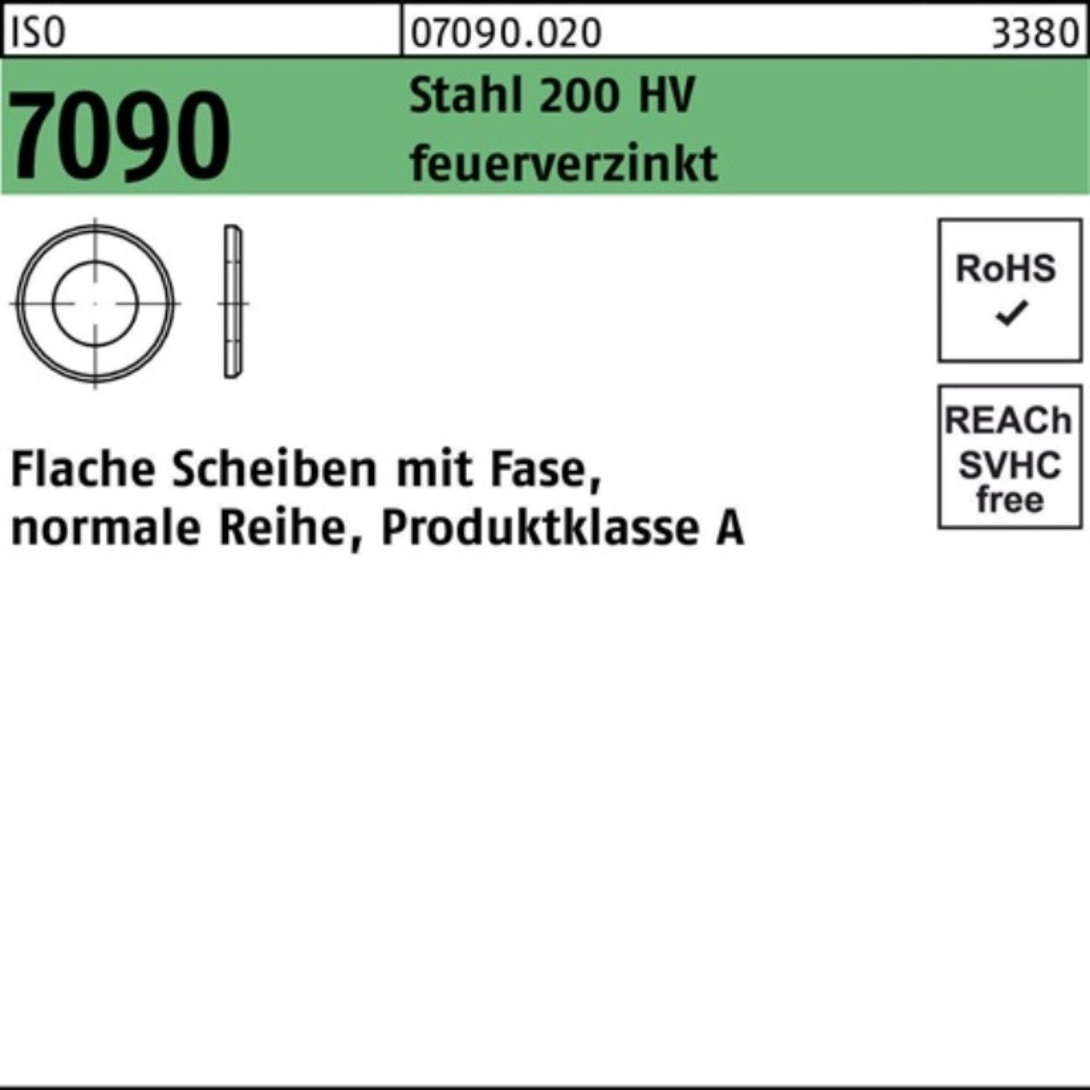 Reyher Unterlegscheibe 100er Pack Unterlegscheibe ISO 7090 Fase 33 Stahl 200 HV feuerverz. 50