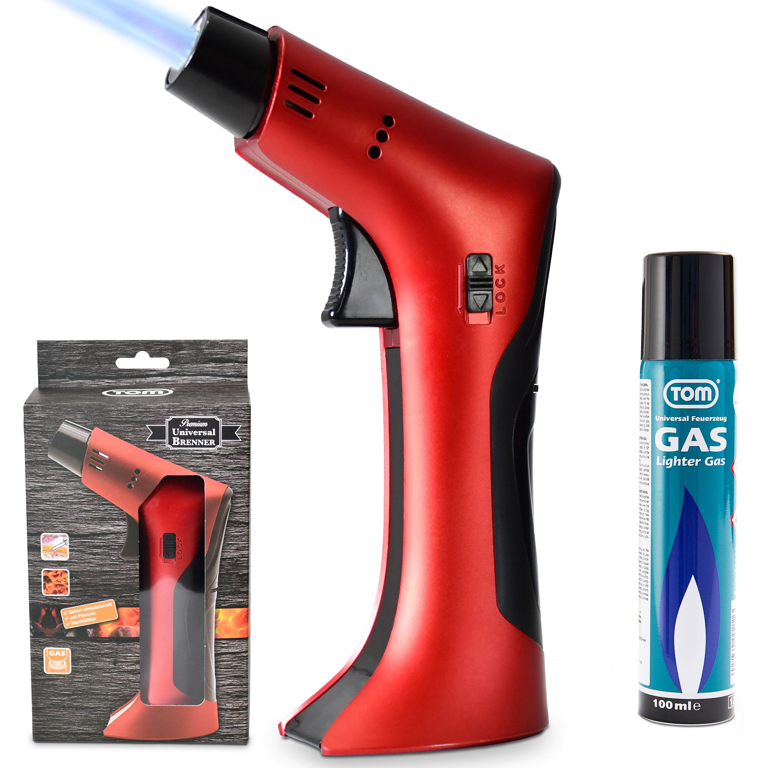 TOM Flambierbrenner Set mit 1 x 100 ml Gaskartusche, 1250°C, Piezozündung, Nachfüllbar