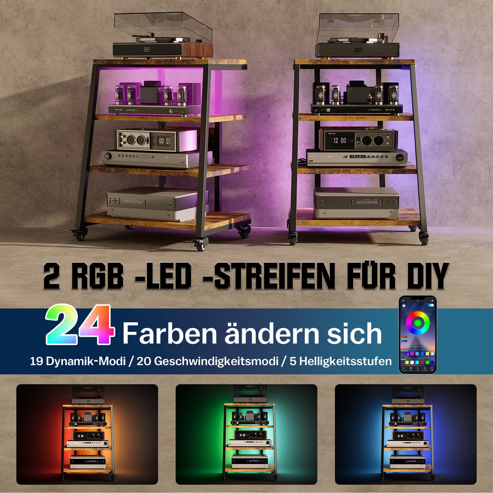 XERSEK TV-Regal HiFi Rack TV Rack mit Rädern und 2 RGB LED Lichter, 4 Etagen Plattenspielerständer aus Holz und Metall, mit Steckdosenleisten Verstellbaren Ablage, 60 x 52 x78 cm
