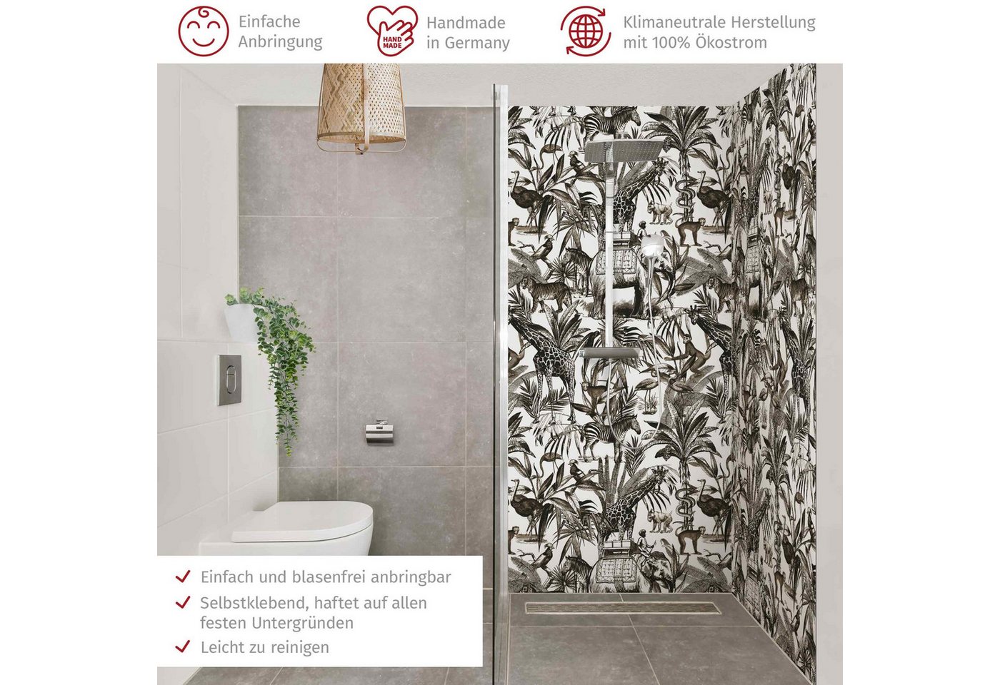 Thumbnail - Bilderdepot24 Badrückwand Muster grau Duschrückwand ohne Bohren Dusche Tiere, (2-tlg., Hart-Folie Premium matt 0,61 mm),...