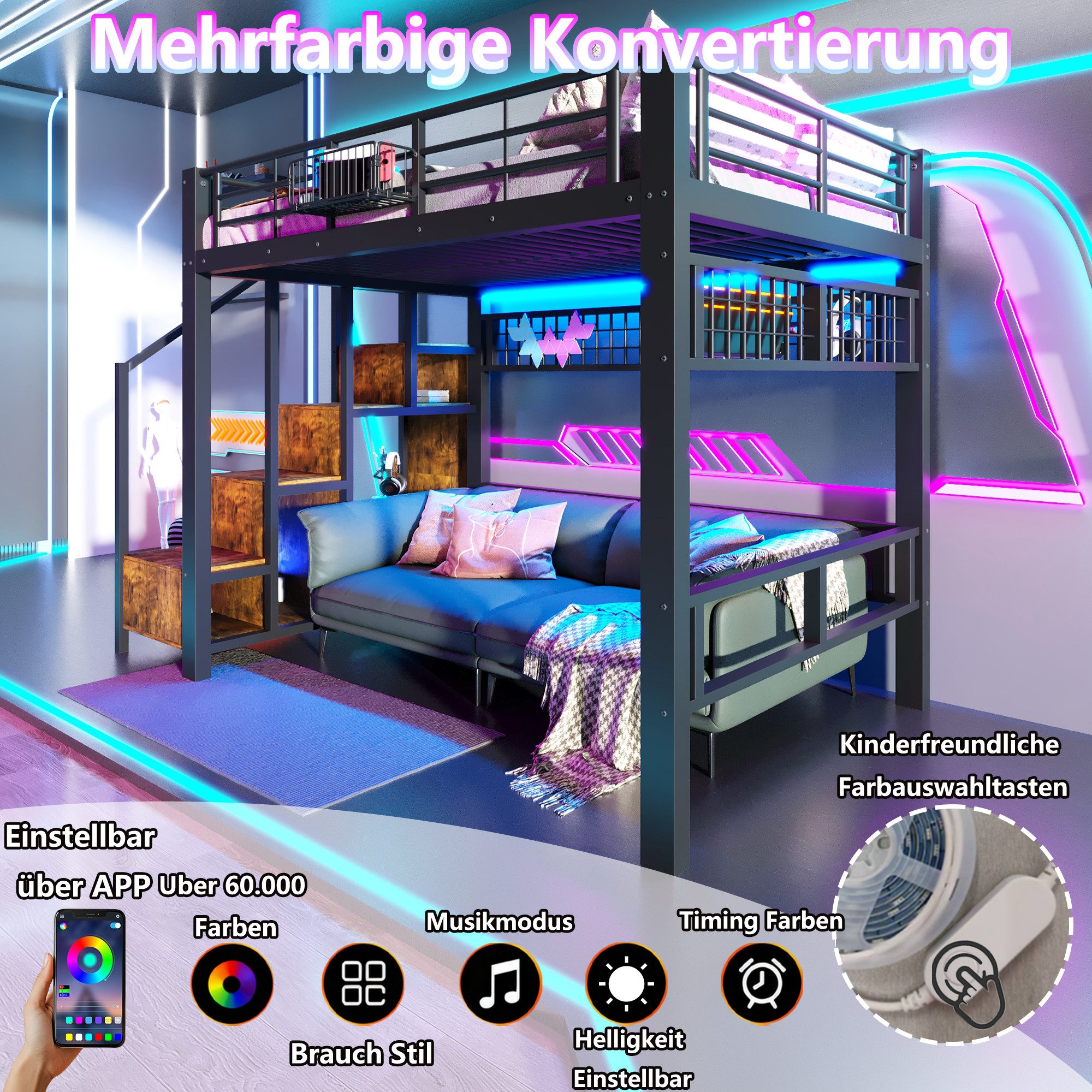 Flieks Hochbett Metallbett 140x200cm mit LED-Lichtleiste Stauraumtreppe Metallgitter