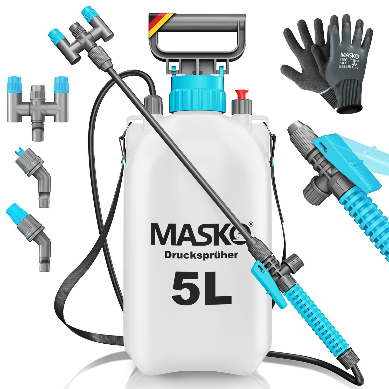 MASKO Drucksprühgerät Drucksprüher säurebeständiges Sprühgerät 5L Füllinhalt Gartenspritze, (Pumpsprühflasche mit verstellbaren Düsen, Schlauch, Gurt & Handschuhe), Reinigungsspritze für Pflanzenschutz, Gartenarbeit & Autopflege