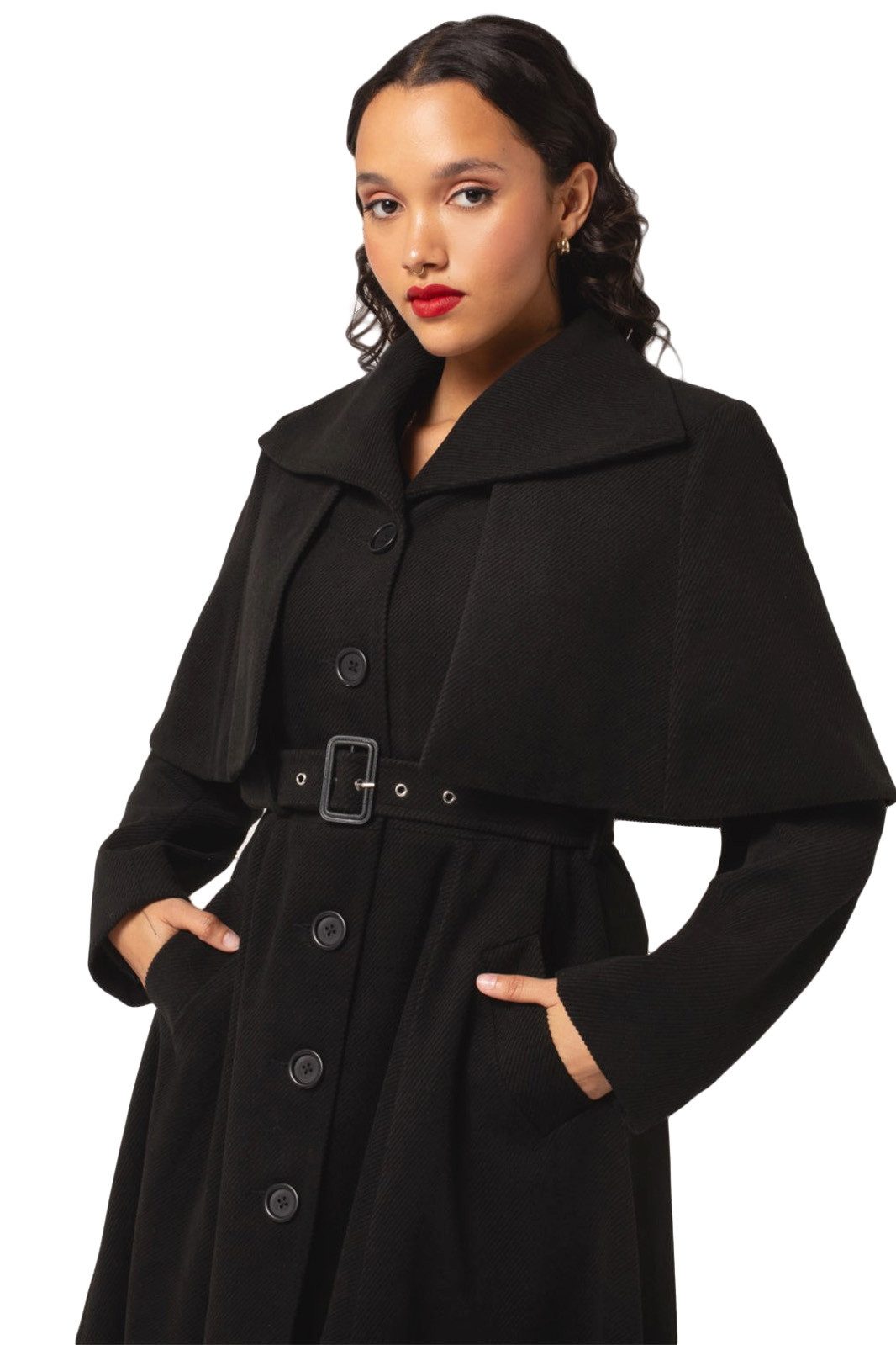 Hell Bunny Langmantel Ingrid Coat Übergangsmantel mit Cape Umhang Vintage Retro Gürtel