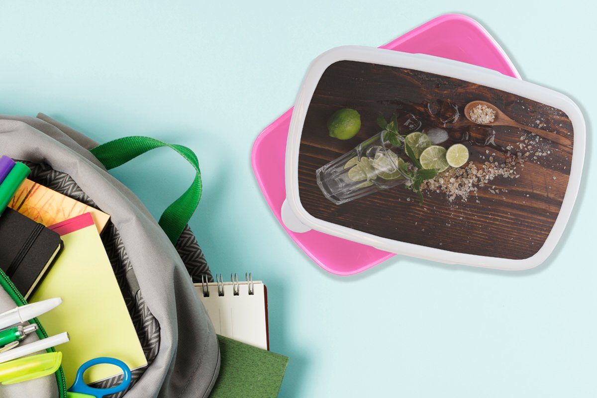 MuchoWow Lunchbox Erwachsene, Snackbox, Brotdose für Limette, Kunststoff, Kunststoff Cocktail Kinder, Mädchen, (2-tlg), - Obst Brotbox rosa 