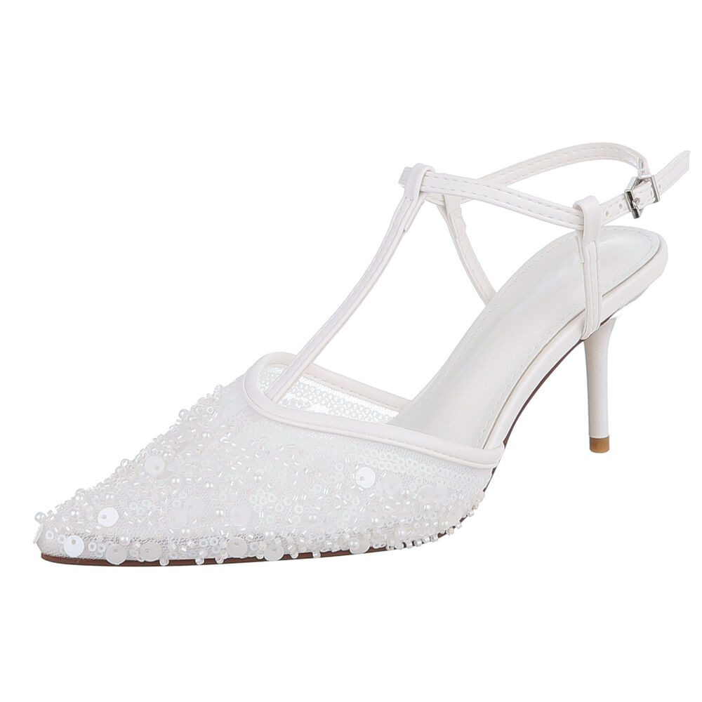 Ital-Design Damen Brautschuhe Pumps mit T-Riemen und Spitzenform Festlich Schnürpumps (91895691) Pfennig-/Stilettoabsatz Pumps in Weiß