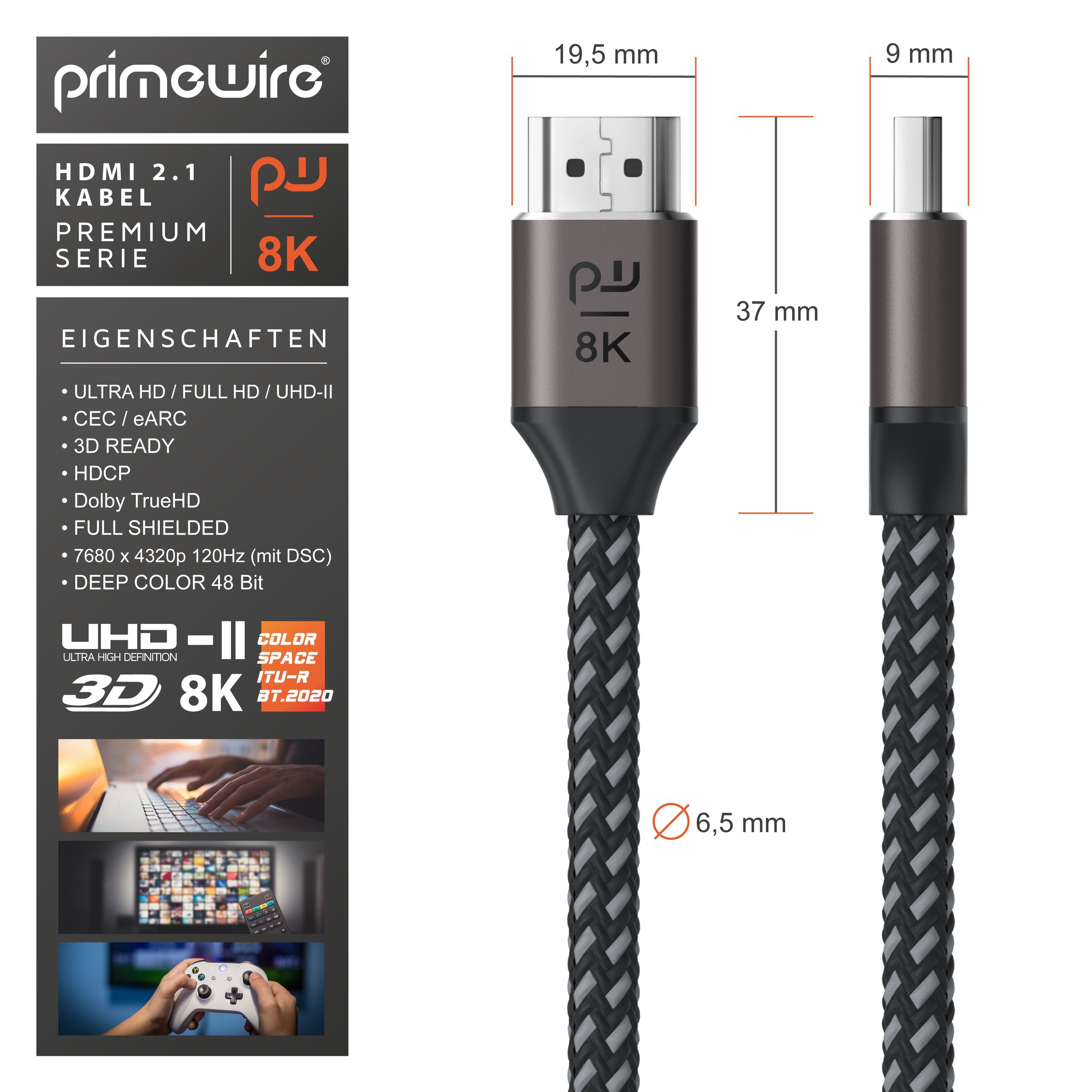 Primewire HDMI-Kabel, 2.1, HDMI Typ A (100 cm), UHD 8k @ 120 Hz, 4k @ 240 Hz, DSC, Ethernet, HDR eARC VRR ALLM, 1m