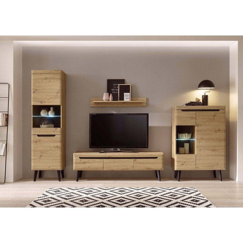 Lomadox Wohnwand TIROL-61, (2-St), Artisan mit schwarz LED-Beleuchtung 343/197/40 cm