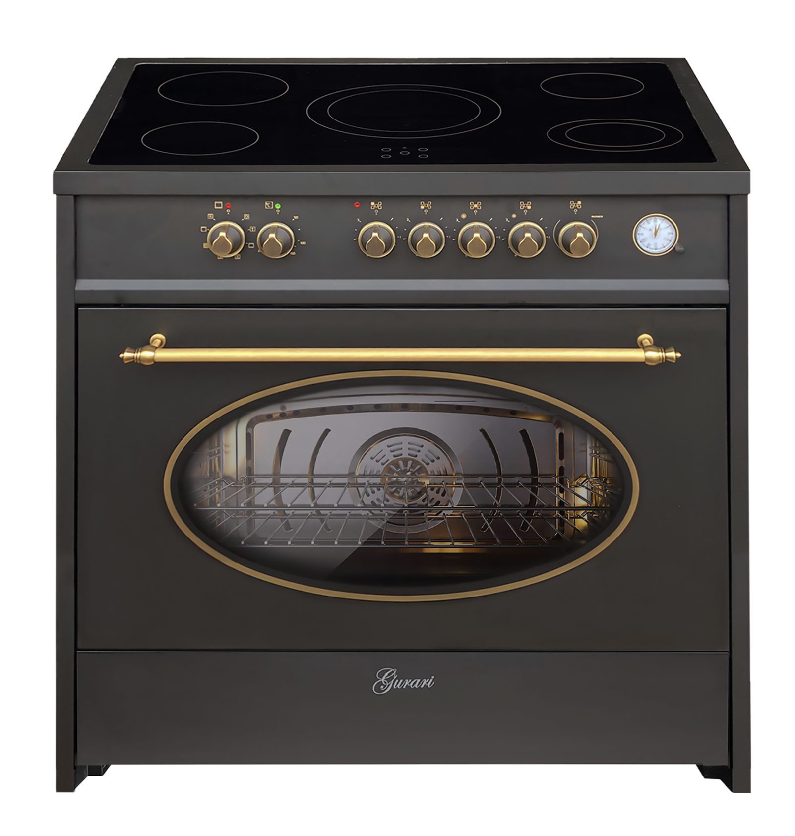 GURARI Elektro-Standherd Retro Herd 90 cm Schwarz Range Cooker Elektro XXL Backofen 121 L GCH E 912 BL r,., mit 1-fach-Teleskopauszug, Easy-Clean Emaille, Glaskeramik Kochfeld, 5 Hi-Light Zonen, Elektro-Analog Zeitschaltuhr