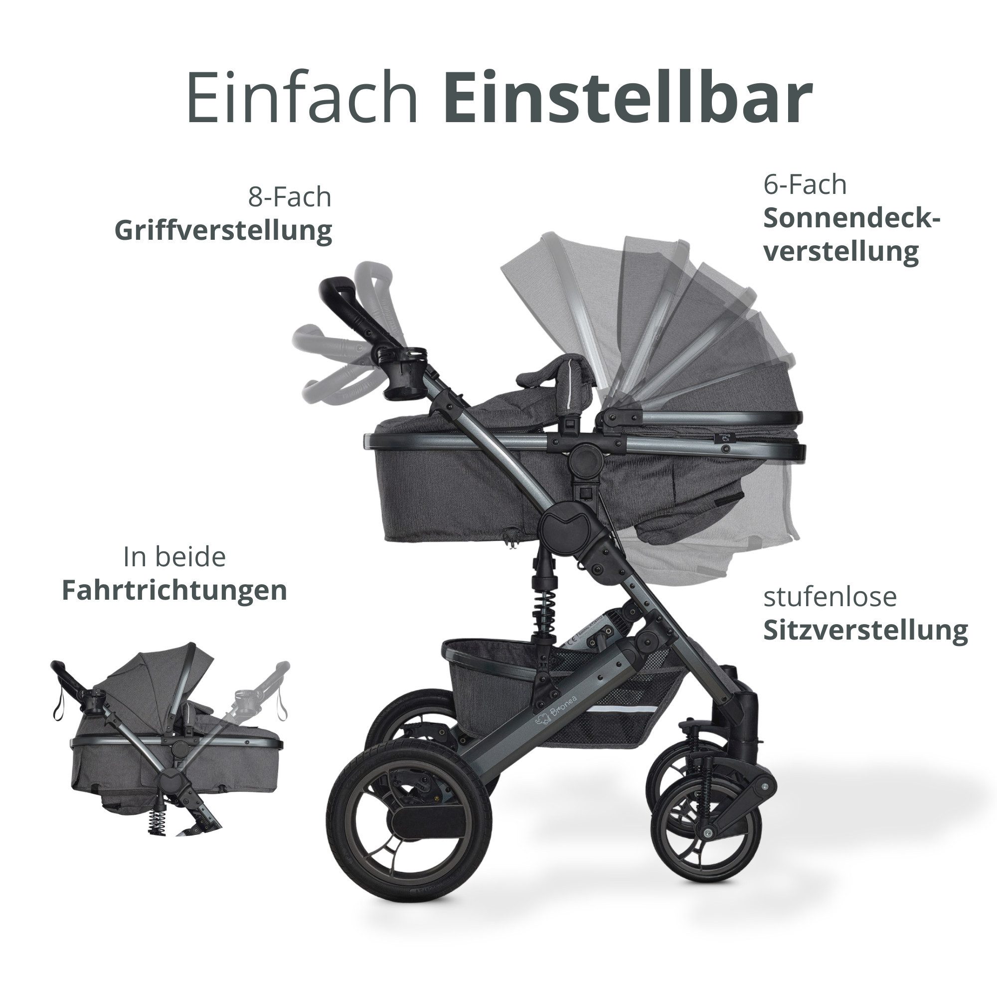 Bronea Kombi-Kinderwagen EXQUISE 2.0 Kinderwagen 3-in-1 GREY/GREY mit BUGGY, AUTO-BABYSCHALE, HOCHWERTIGES MODELL, Wickeltasche, Regen-, Mücken- & Sonnenschutz – Bild 4 von 5