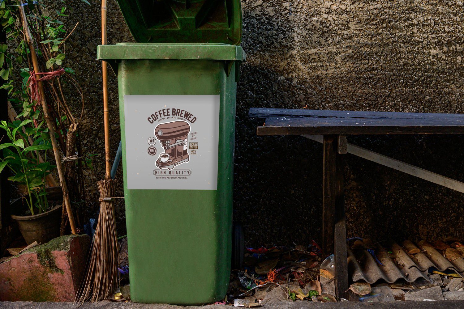 MuchoWow Wandsticker Kaffeemaschine - Tasse Mülltonne, St), Container, Abfalbehälter (1 Mülleimer-aufkleber, Retro - Zeichnung Sticker, 